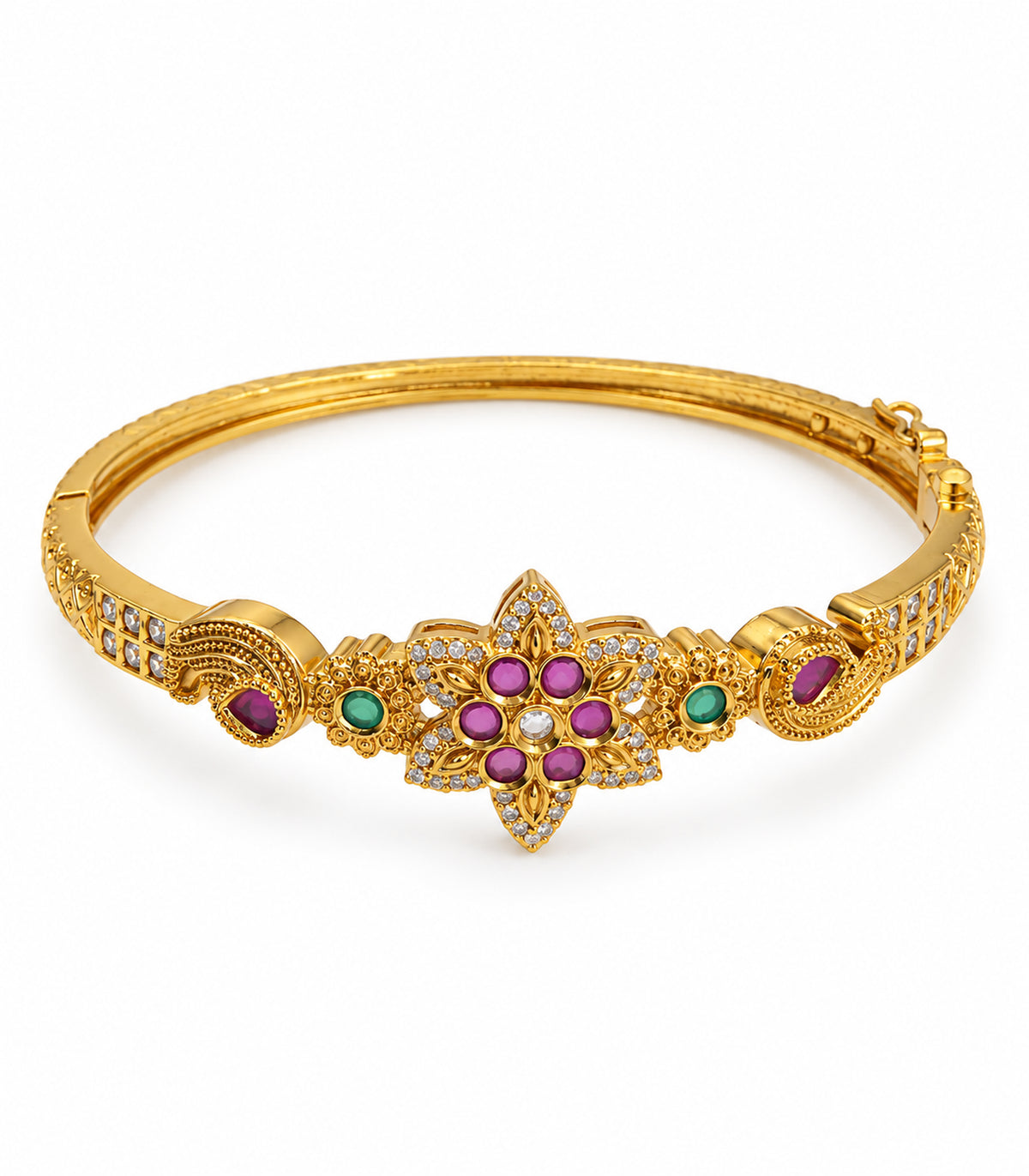 Gold-tone magenta six-stone floral bangle — white-background view; single bangle
