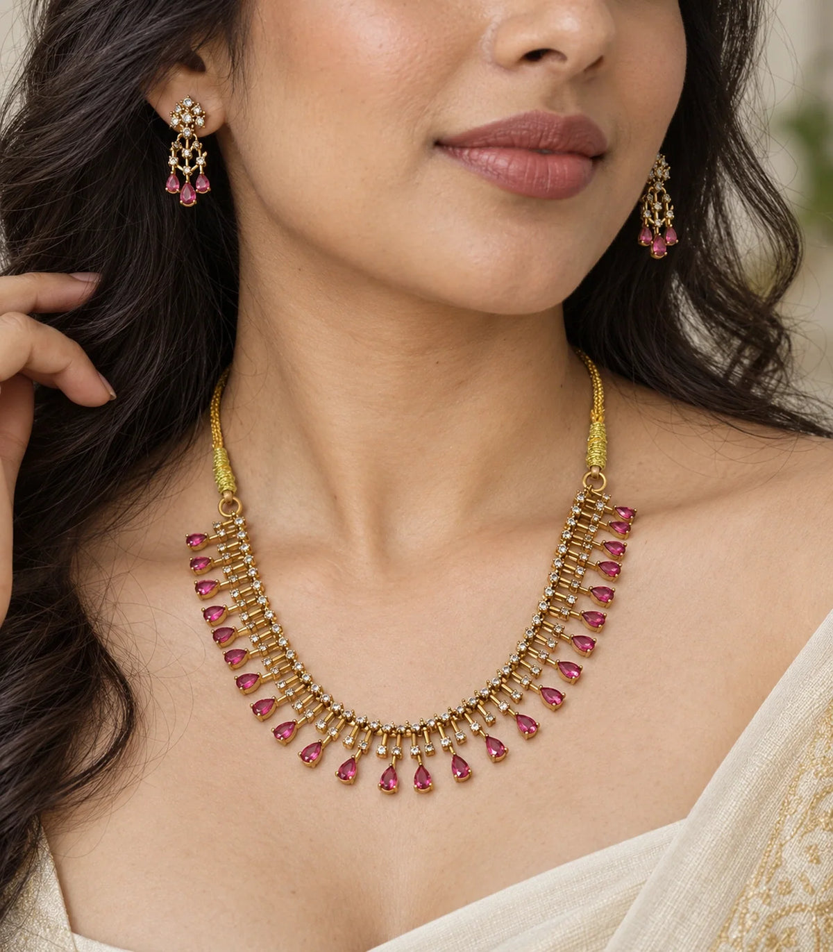 Detail of the magenta necklace fringe and matching earrings shown worn #Color_Magenta