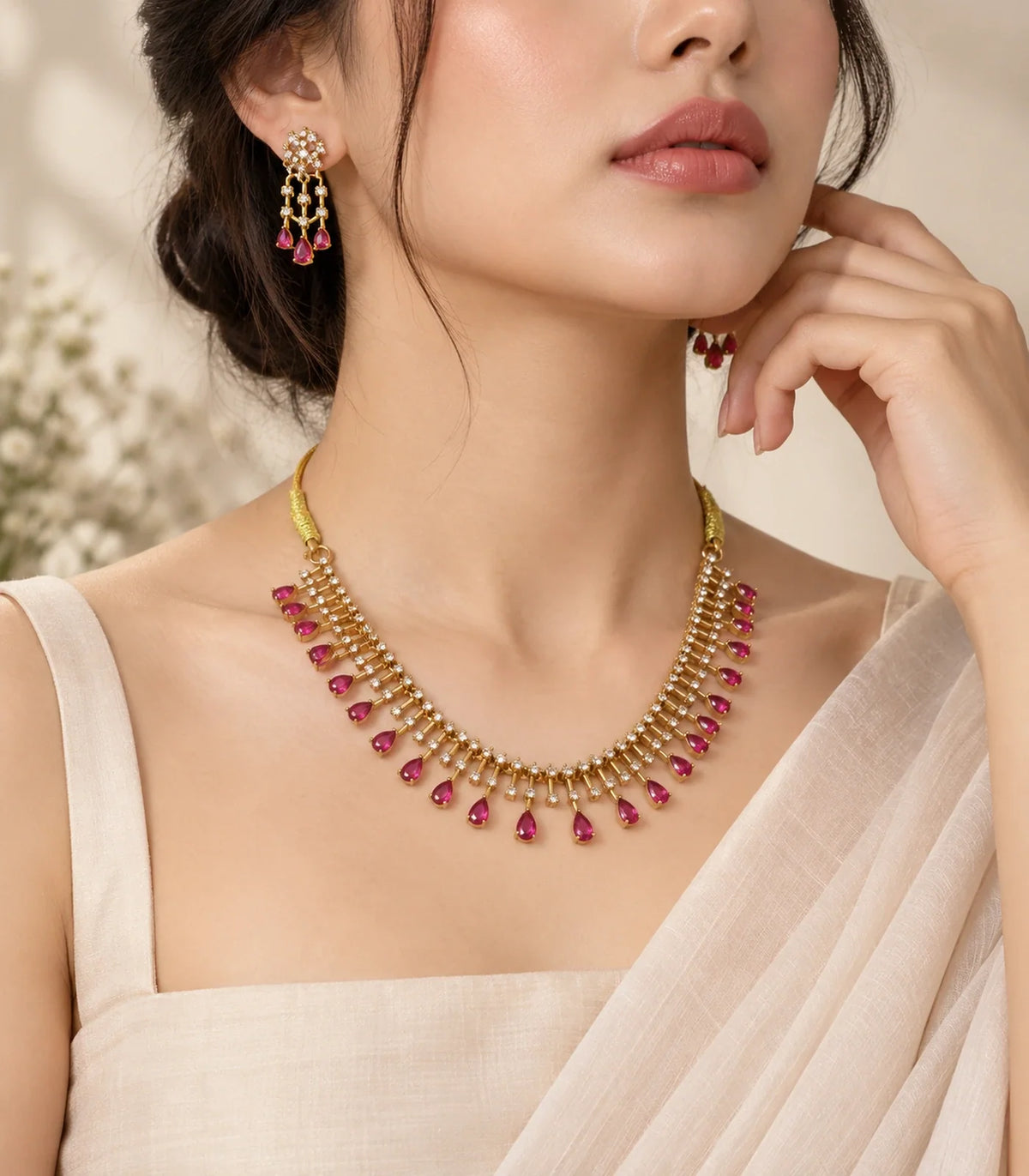 Magenta necklace set shown worn with an ivory outfit #Color_Magenta