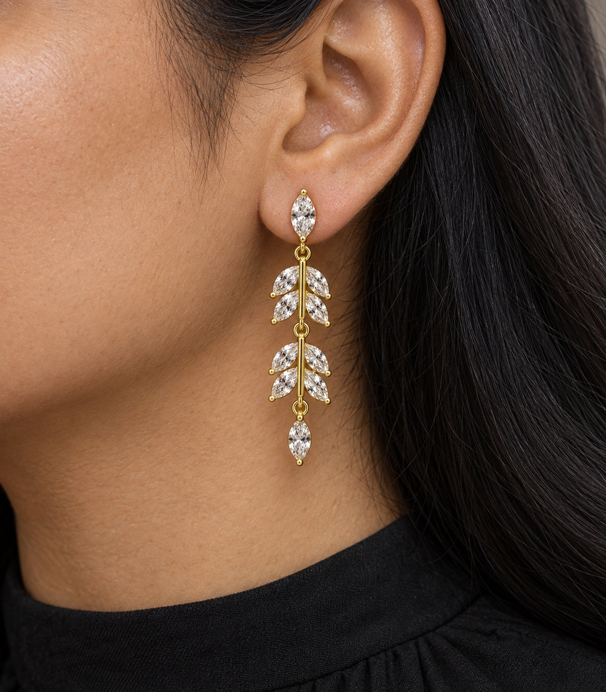 JIMIKI Marquise Crystal Leaf Drop Earring Pair in Gold tone, close-up detail #color_gold tone