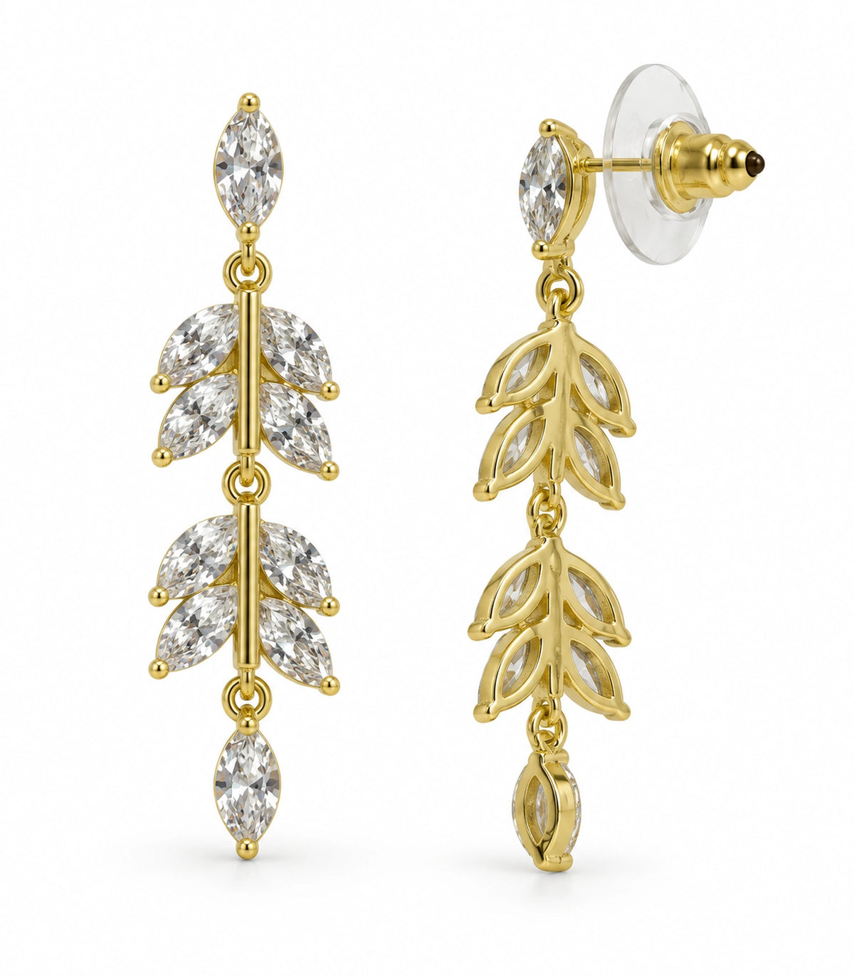 JIMIKI Marquise Crystal Leaf Drop Earring Pair in Gold tone, white background product view #color_gold tone