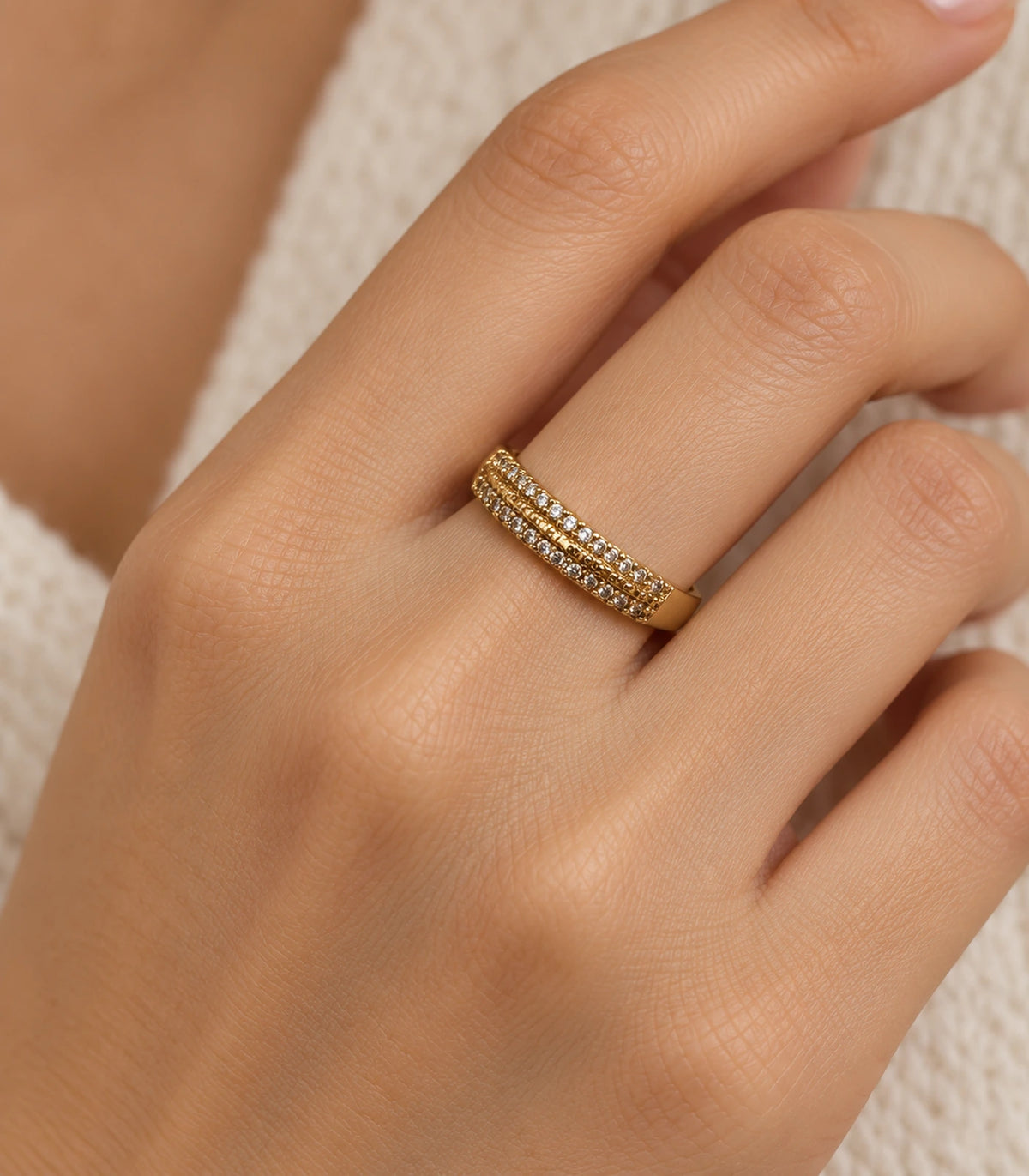 JIMIKI Gold Tone Multi Row Crystal Adjustable Ring in Gold Tone - close-up details #color_gold-tone