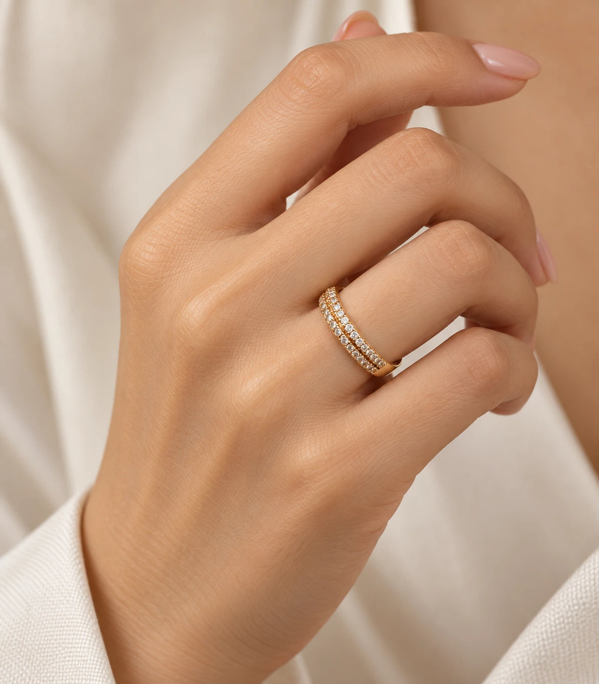 JIMIKI Gold Tone Multi Row Crystal Adjustable Ring in Gold Tone - worn styling view #color_gold-tone