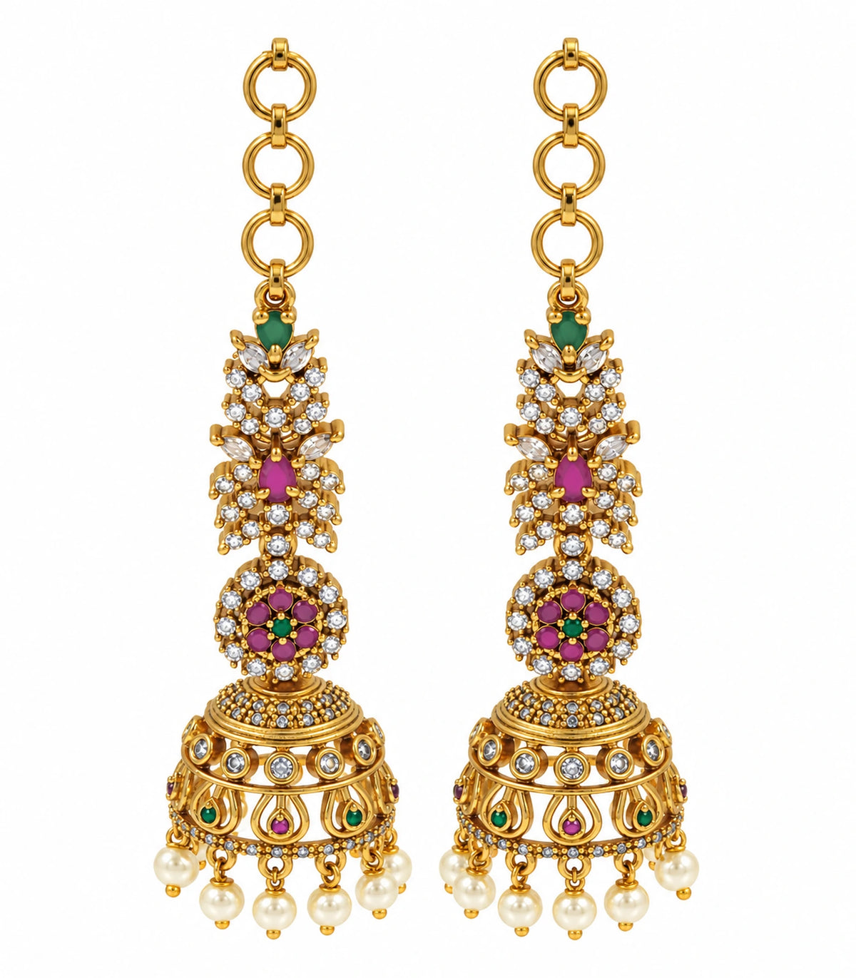 Gold-tone multicolor crystal and pearl-style jhumka earring pair on a white background