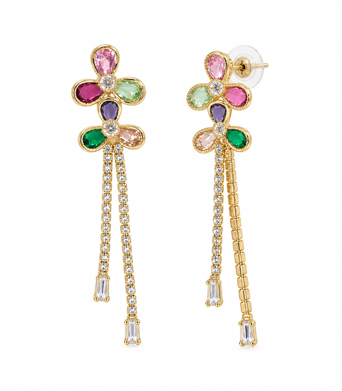 JIMIKI Gold-Tone Multicolour Floral Tassel Earrings — pair on white background #color_gold-tone / multicolour