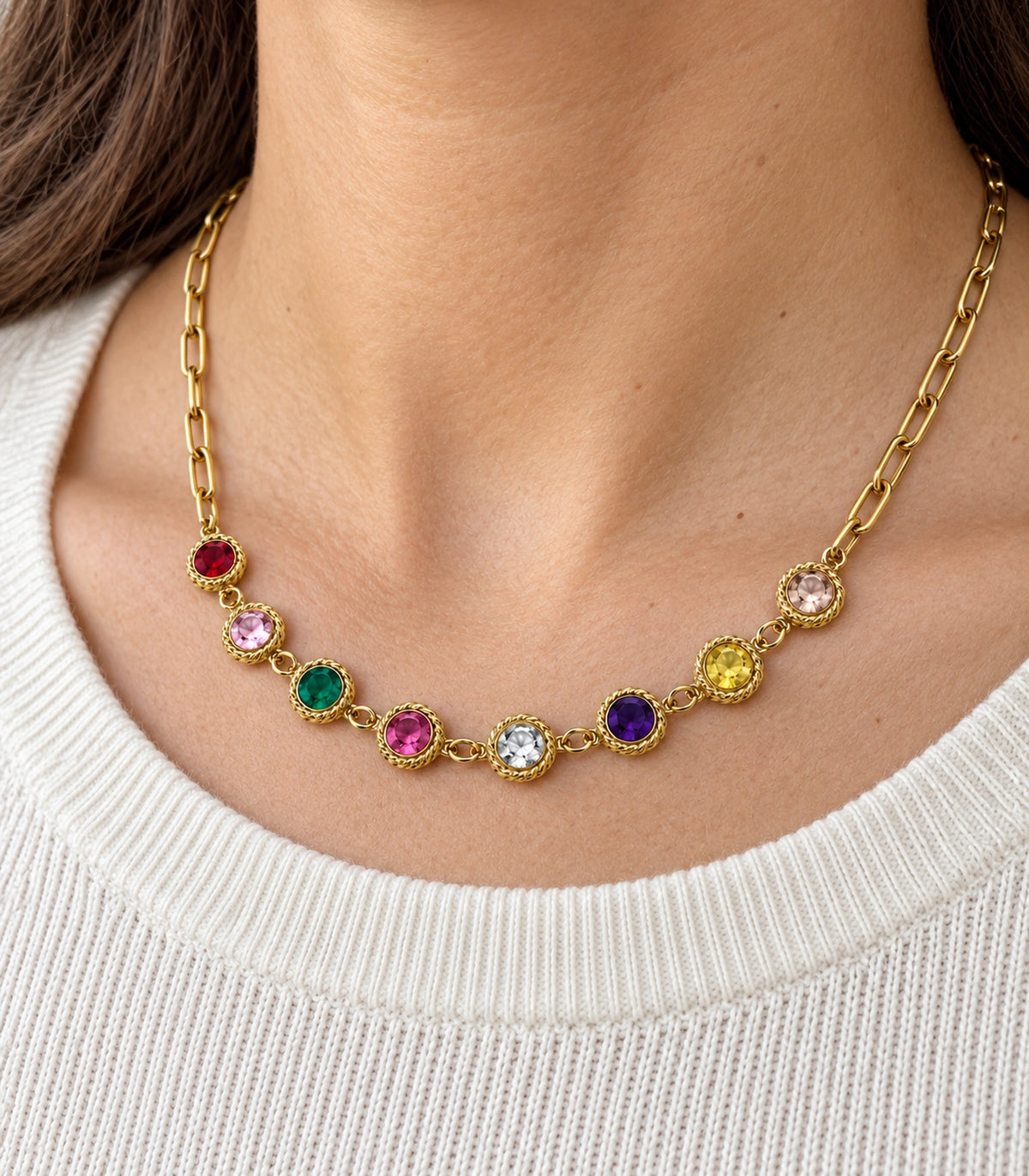 JIMIKI Gold Tone Multicolour Round Crystal Paperclip Necklace in Gold Tone / Multicolour - close-up details #color_gold-tone-multicolour