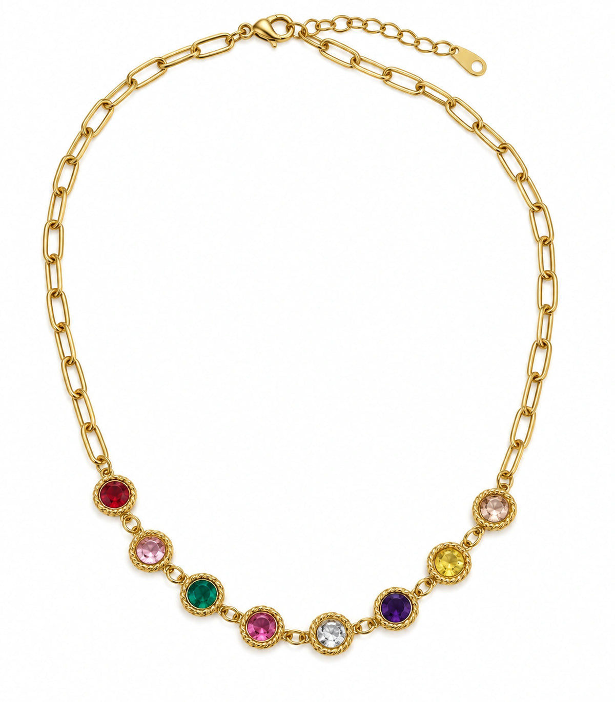 JIMIKI Gold Tone Multicolour Round Crystal Paperclip Necklace in Gold Tone / Multicolour - necklace on white #color_gold-tone-multicolour