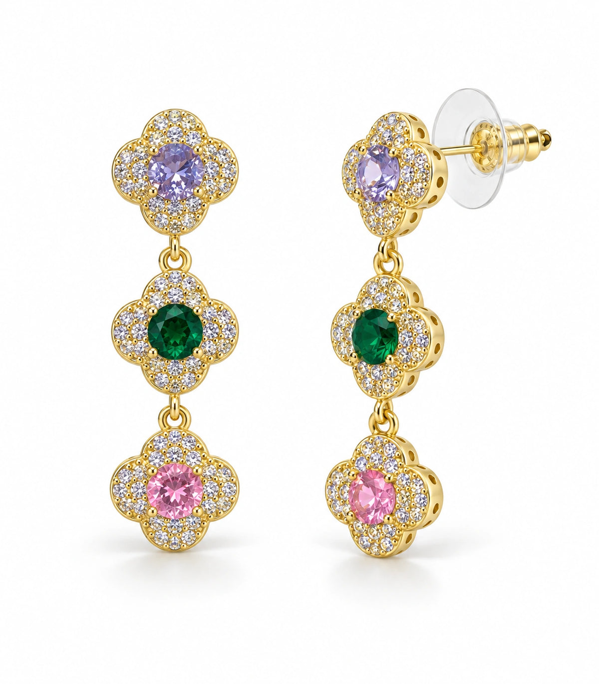 JIMIKI Gold Tone Multicolour Triple Clover Halo Drop Earring Pair in Gold tone / multicolour, white background product view