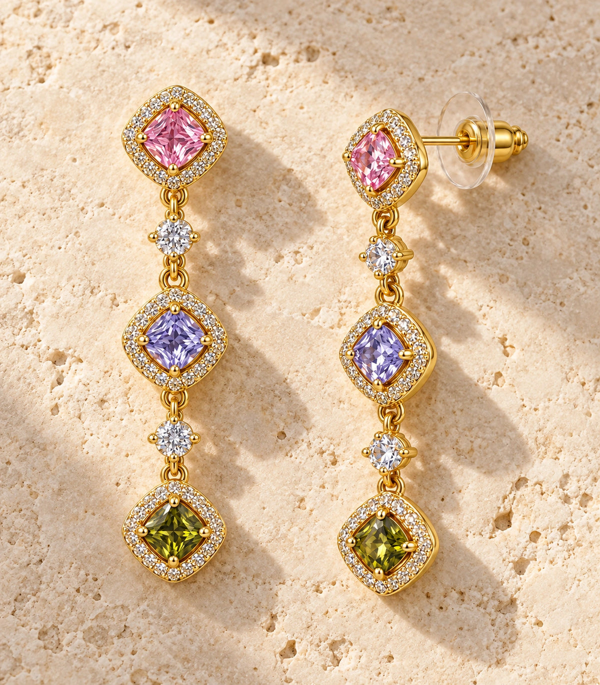 JIMIKI Linked Multicolour Cushion Halo Drop Earring Pair in Gold tone / multicolour, editorial flat lay #color_gold tone / multicolour
