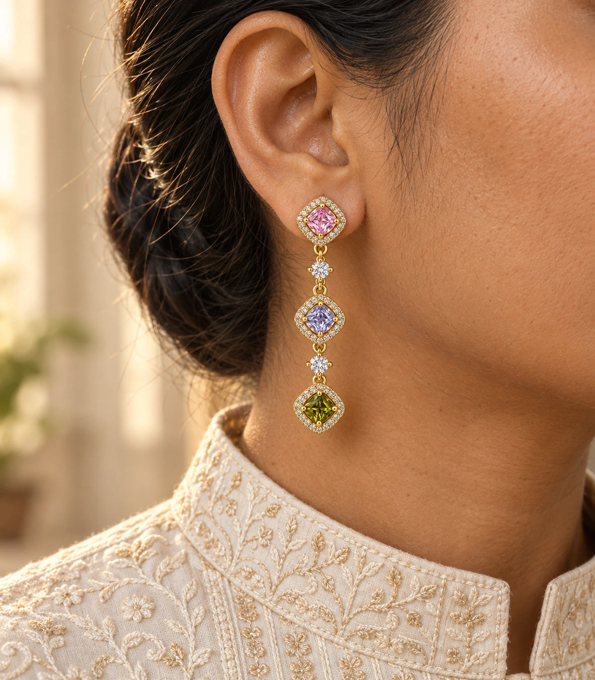 JIMIKI Linked Multicolour Cushion Halo Drop Earring Pair in Gold tone / multicolour, editorial model view #color_gold tone / multicolour