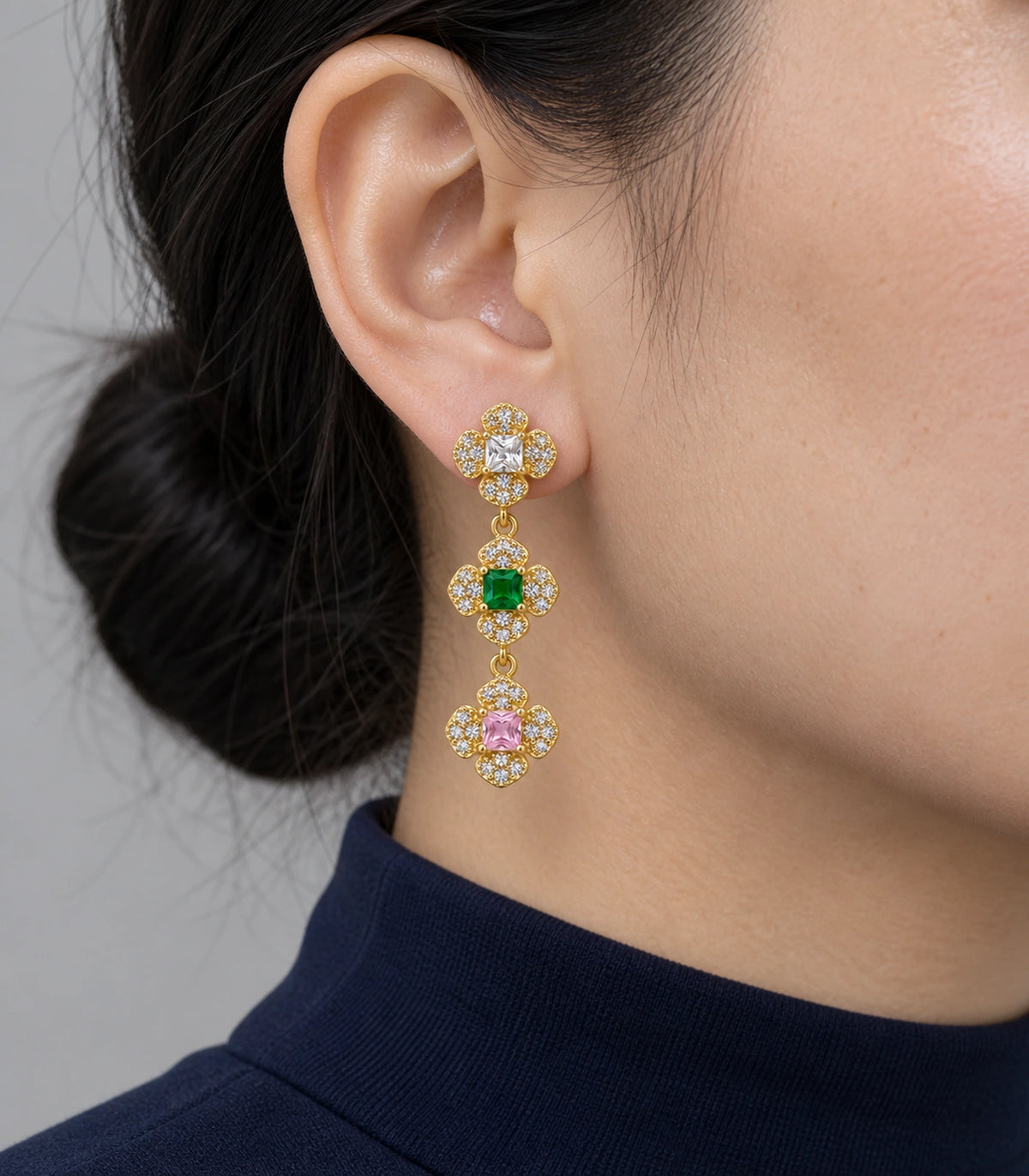 JIMIKI Triple Four Petal Flower Drop Earring Pair in Gold tone / multicolour, close-up detail #color_gold tone / multicolour