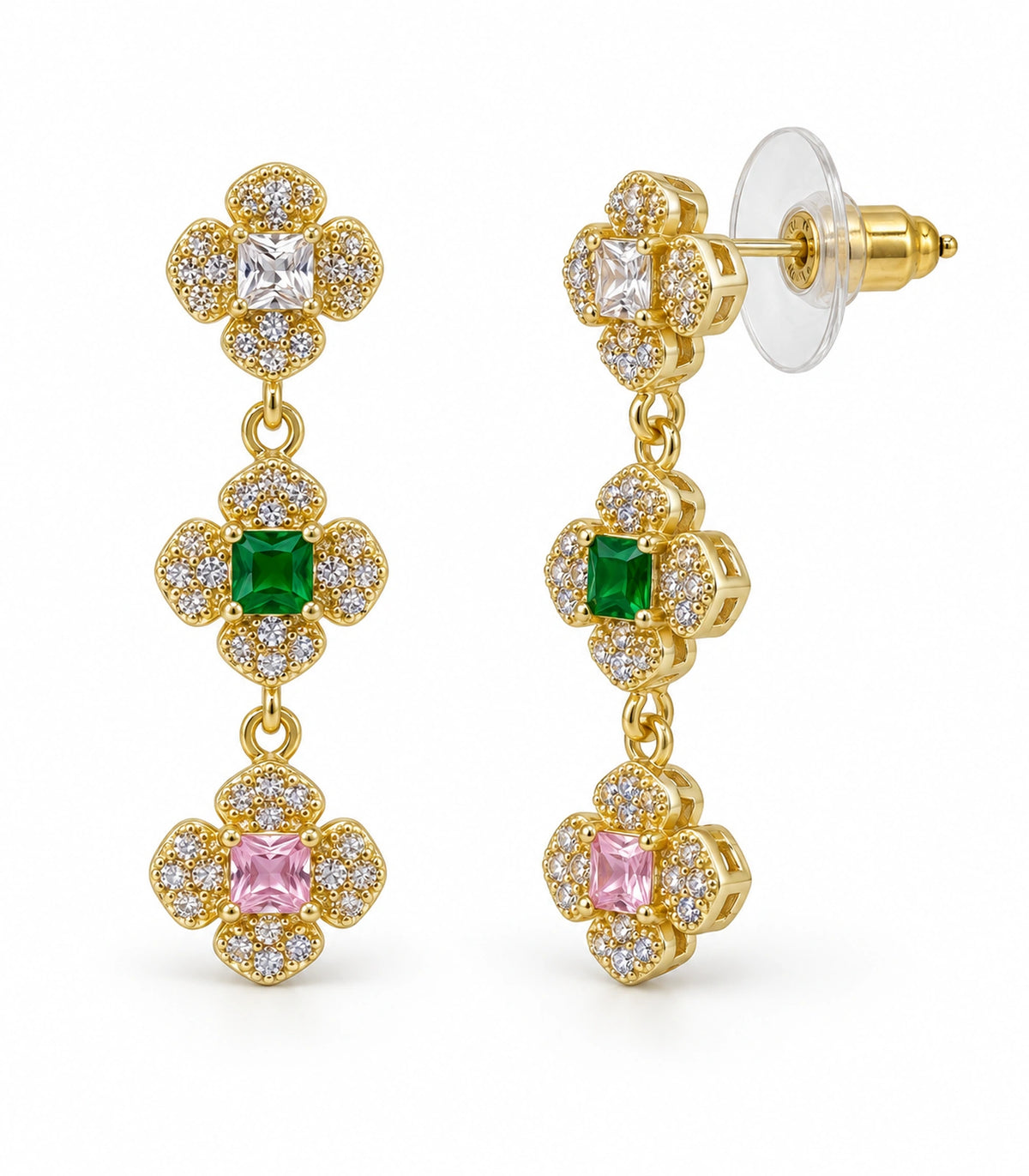JIMIKI Triple Four Petal Flower Drop Earring Pair in Gold tone / multicolour, white background product view #color_gold tone / multicolour
