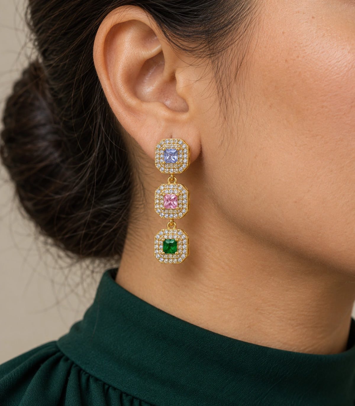 JIMIKI Triple Square Halo Drop Earring Pair in Gold tone / multicolour, close-up detail #color_gold tone / multicolour