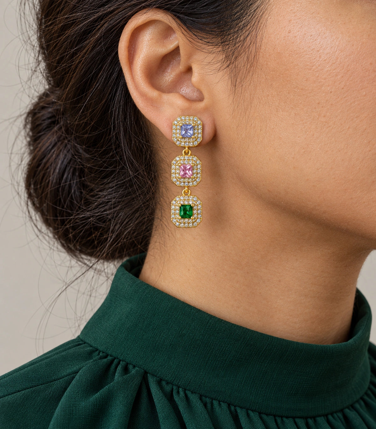 JIMIKI Triple Square Halo Drop Earring Pair in Gold tone / multicolour, model wearing view #color_gold tone / multicolour