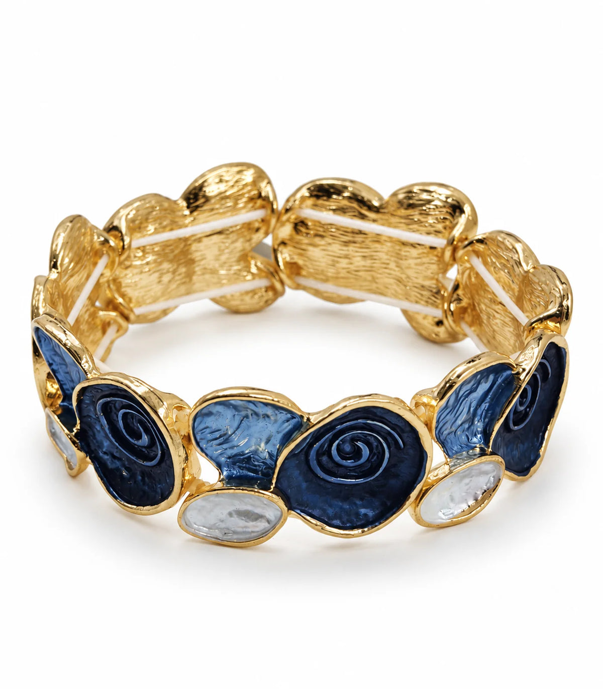 Gold-tone navy spiral and blue fan panel bracelet — white-background