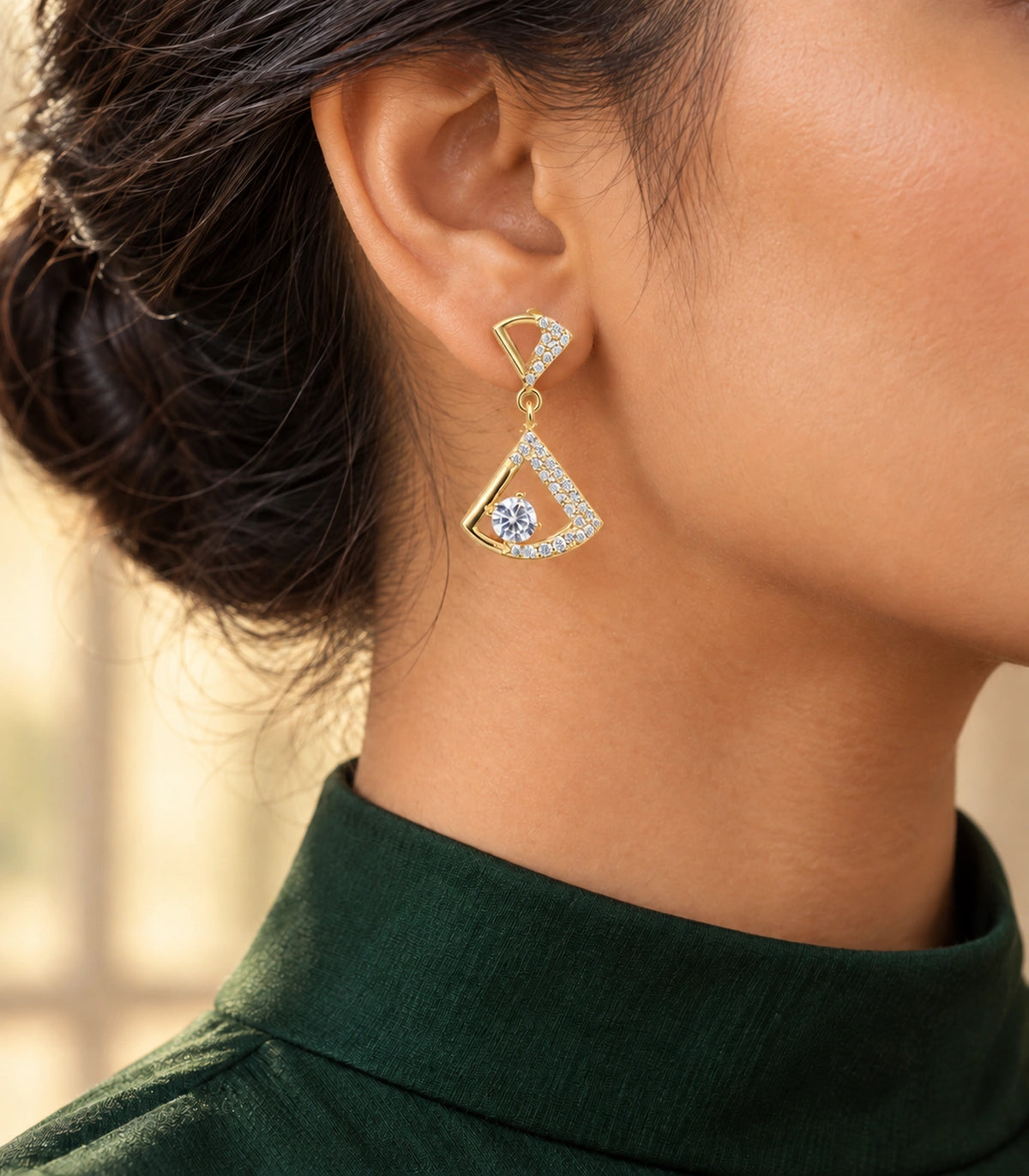 JIMIKI Open Fan Crystal Drop Earring Pair in Gold Tone, editorial model view #color_gold tone