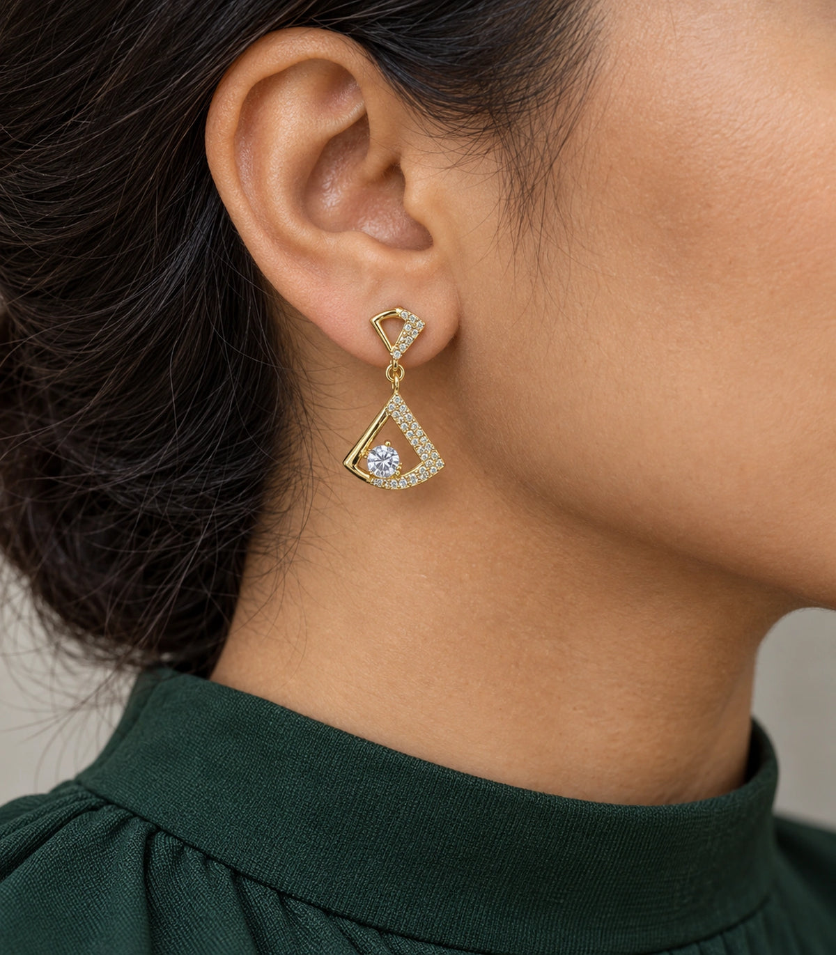 JIMIKI Open Fan Crystal Drop Earring Pair in Gold Tone, model wearing view #color_gold tone