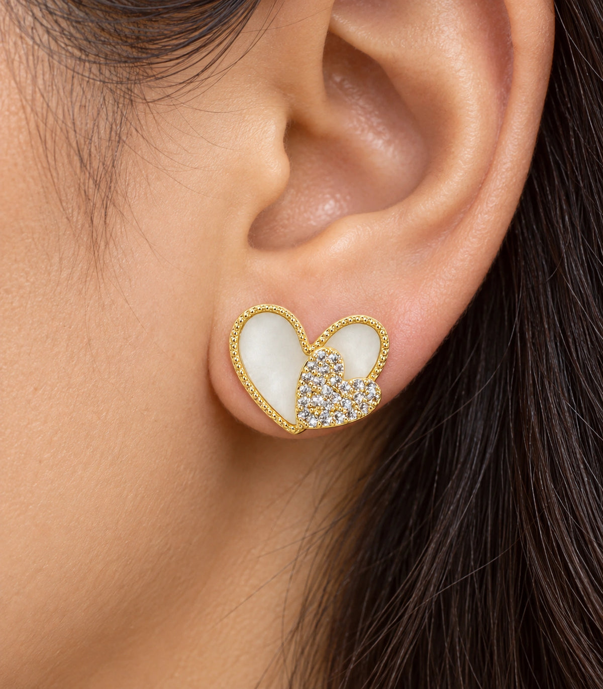 JIMIKI Open Heart Pave Heart Stud Earring Pair in Gold tone, close-up detail #color_gold tone