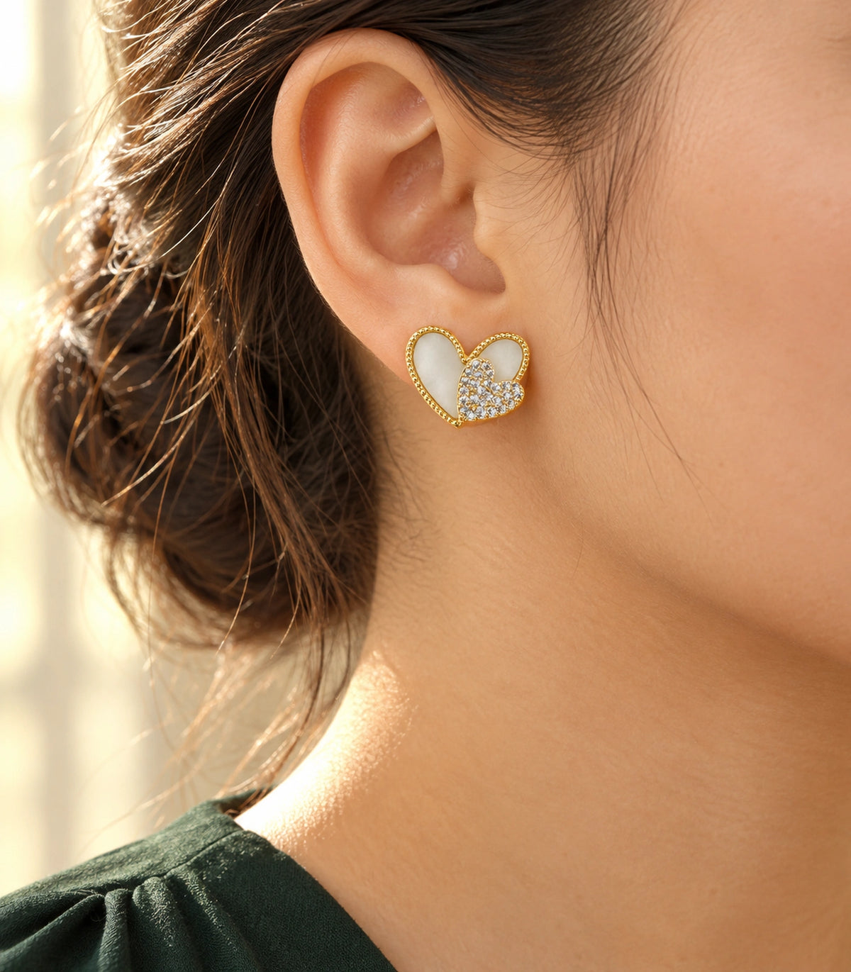 JIMIKI Open Heart Pave Heart Stud Earring Pair in Gold tone, editorial model view #color_gold tone