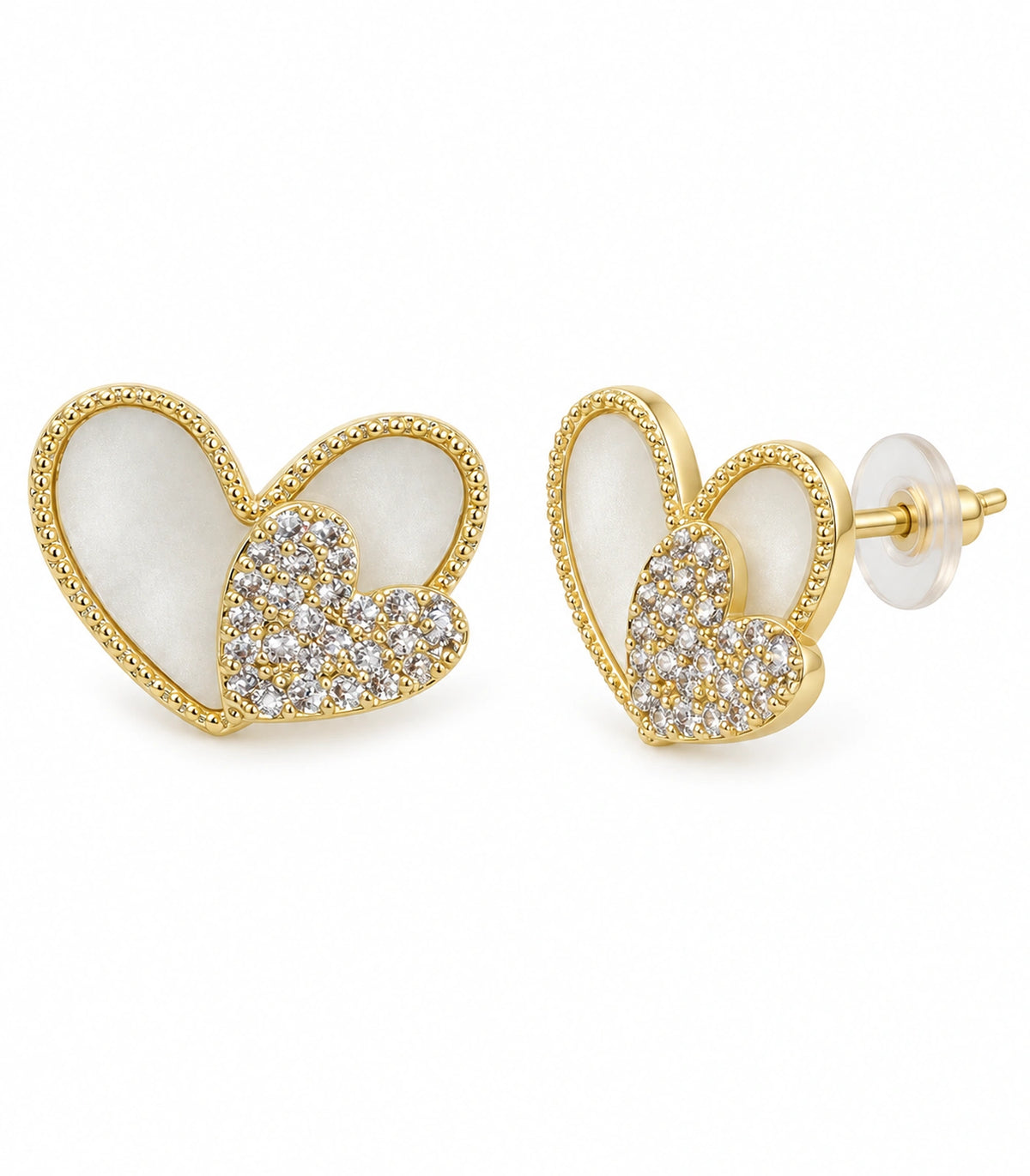 JIMIKI Open Heart Pave Heart Stud Earring Pair in Gold tone, white background product view #color_gold tone