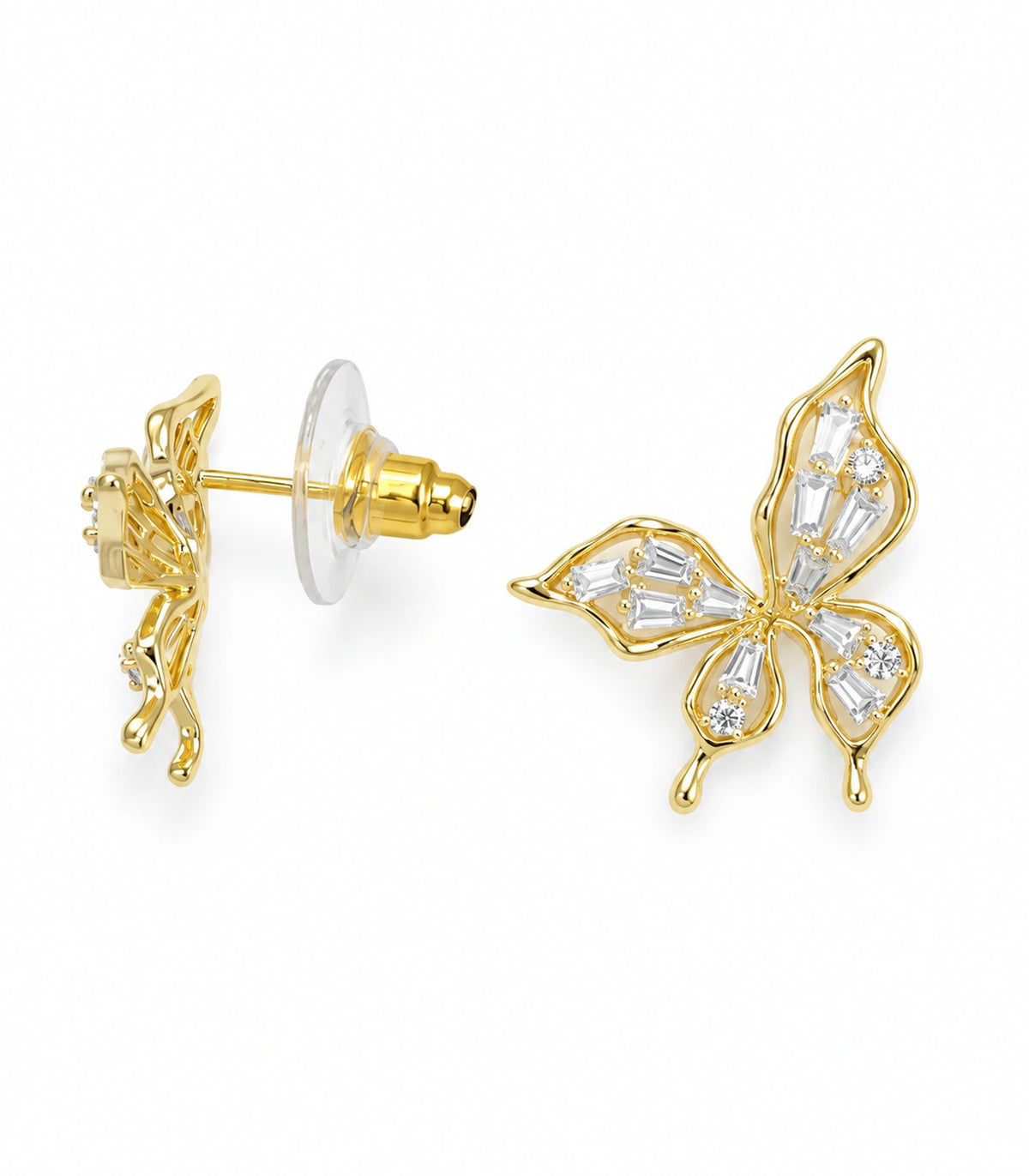 JIMIKI Openwork Baguette Crystal Butterfly Stud Earring Pair in Gold-tone, white background product view #color_gold-tone