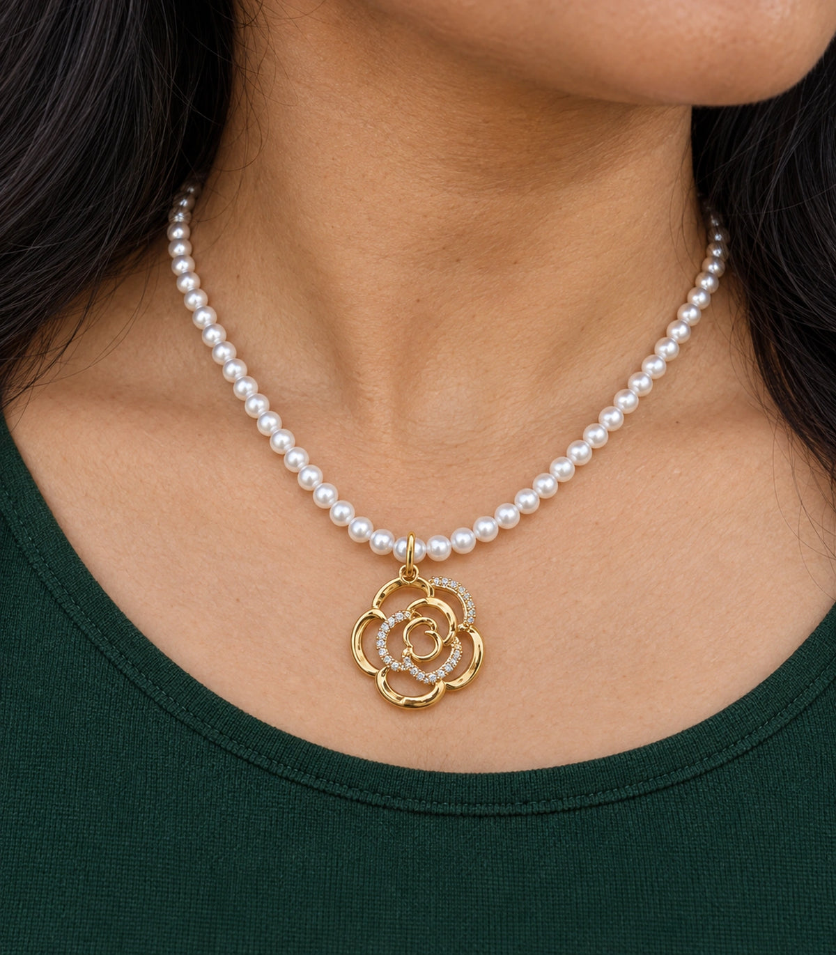 JIMIKI Gold Tone Openwork Rose Crystal Pearl Necklace in Gold / White, close-up detail