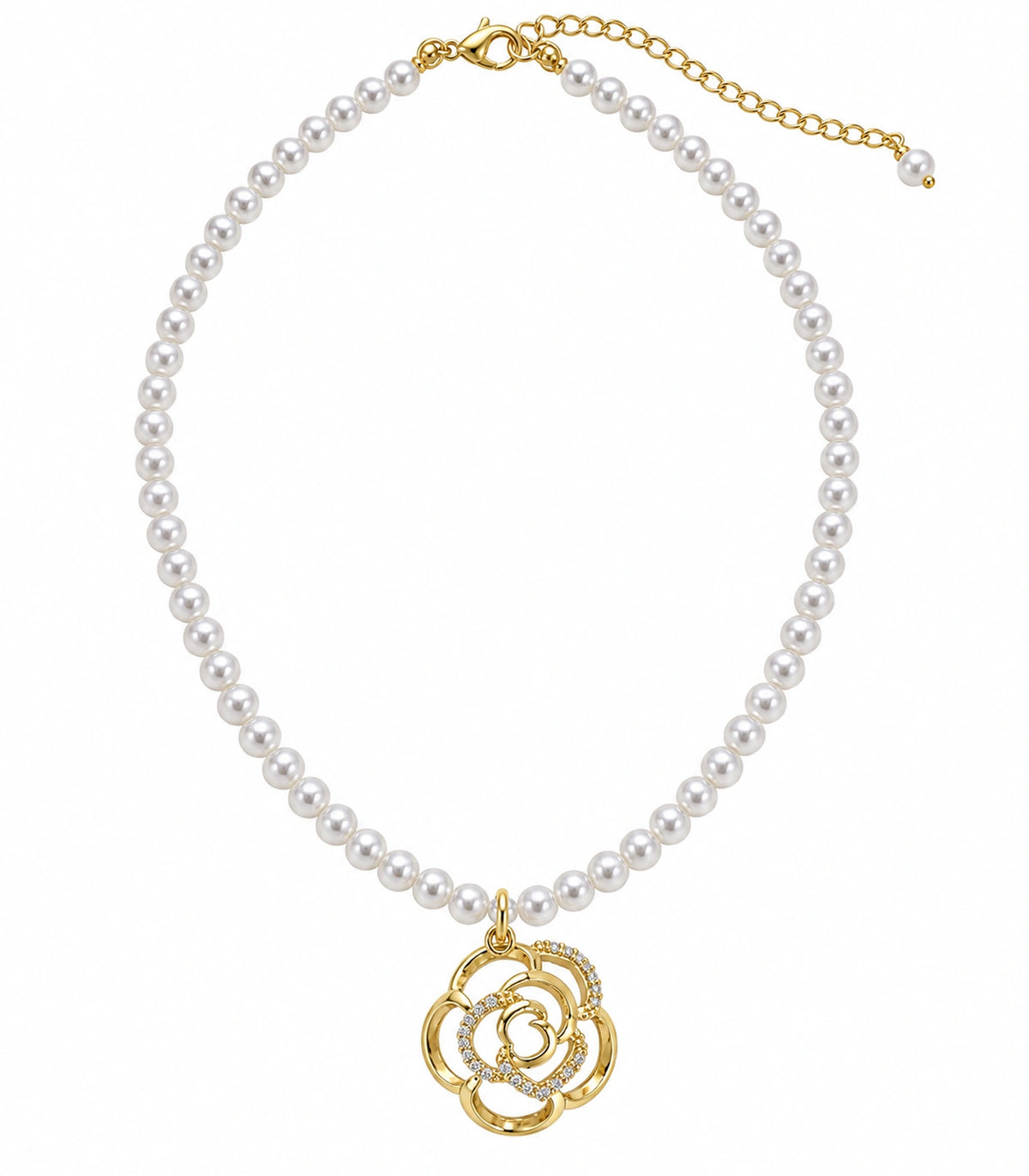 JIMIKI Gold Tone Openwork Rose Crystal Pearl Necklace in Gold / White, white background product view
