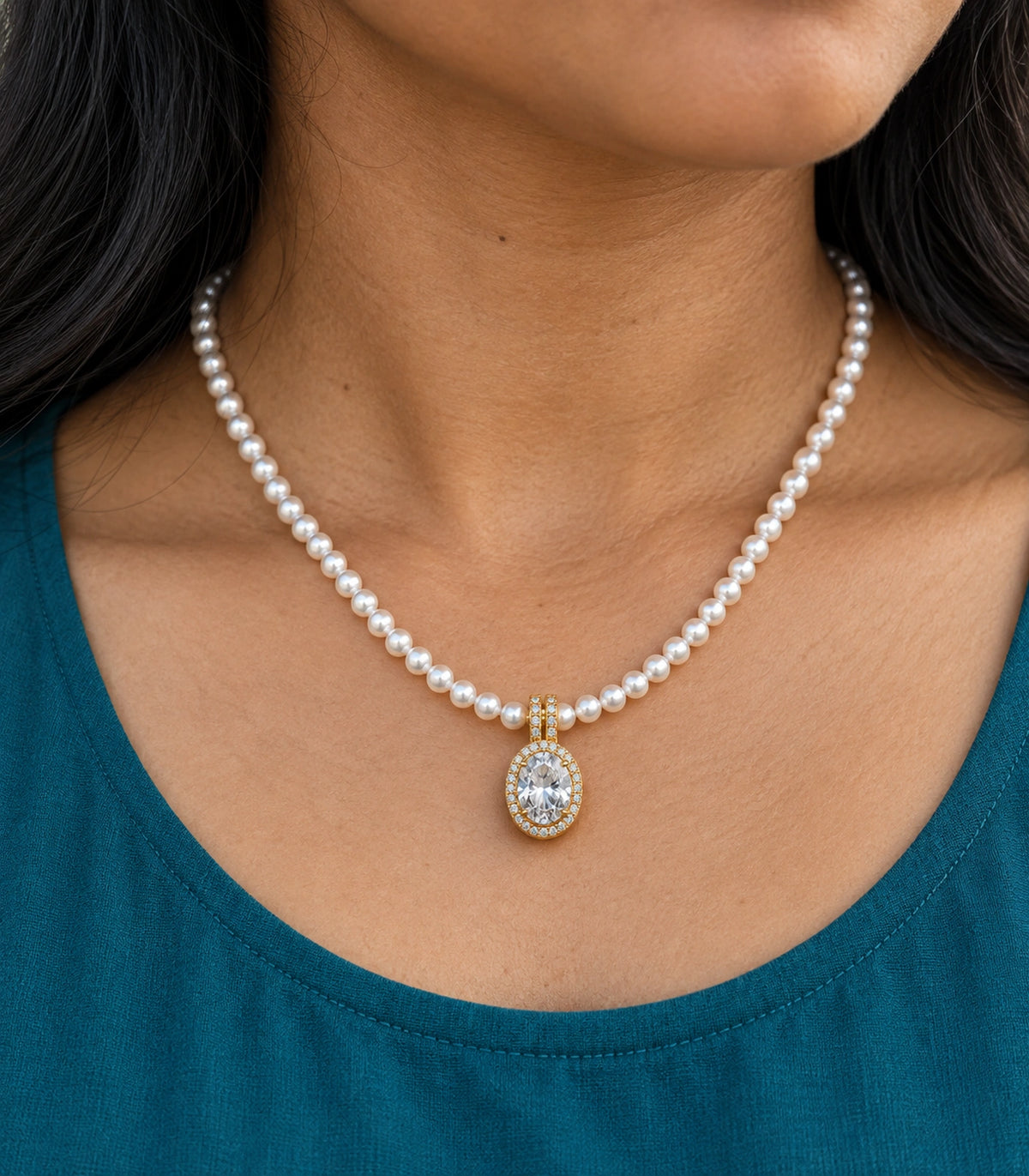 JIMIKI Gold Tone Oval Halo Crystal Pearl Style Necklace in Gold / White, close-up detail