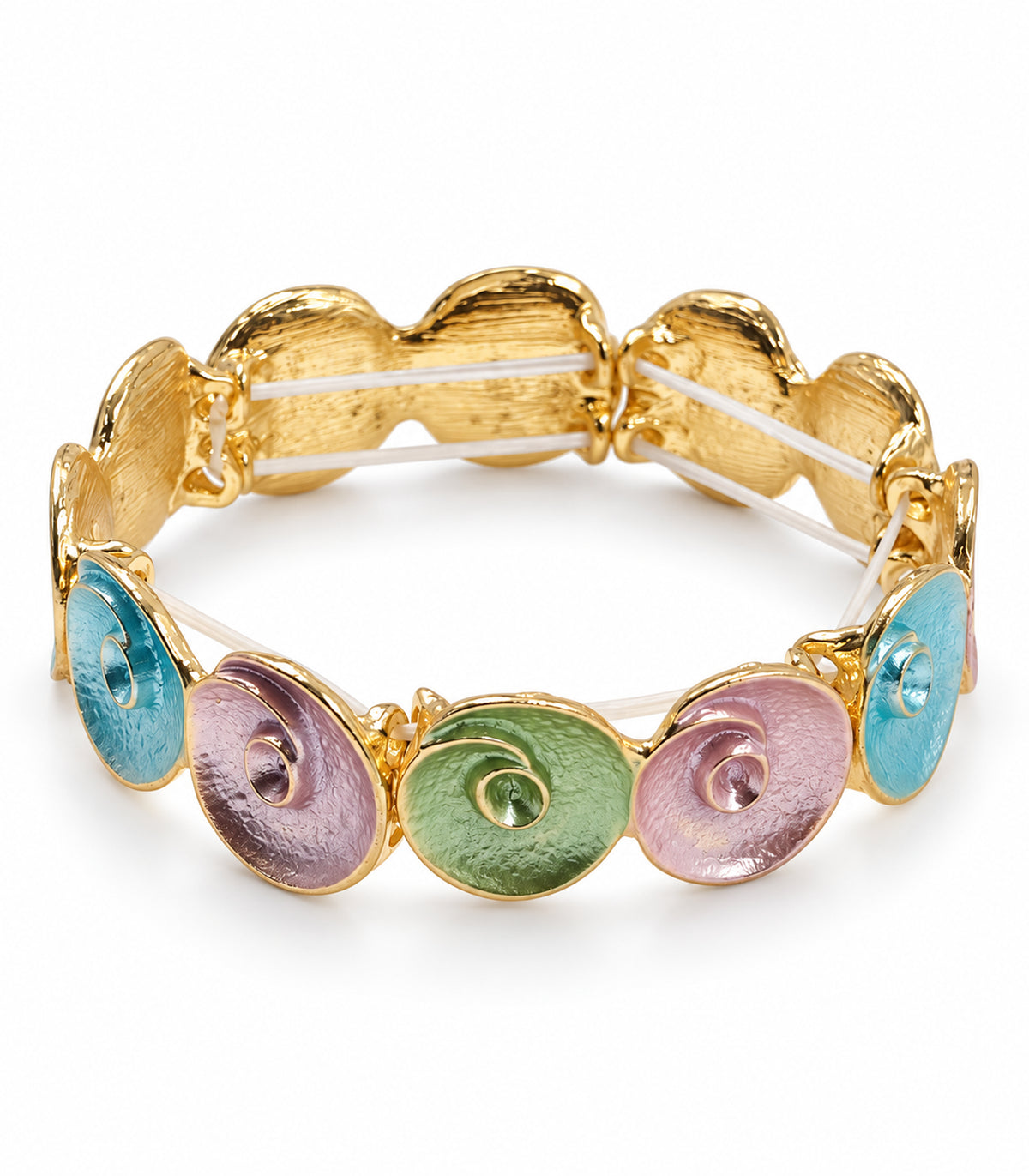 Gold-tone pastel spiral disc bracelet, complete single bracelet on white background
