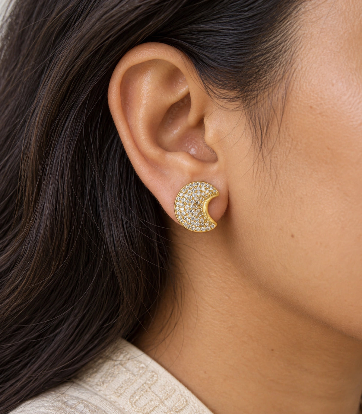JIMIKI Pave Crescent Moon Stud Earring Pair in Gold-tone, close-up detail #color_gold-tone