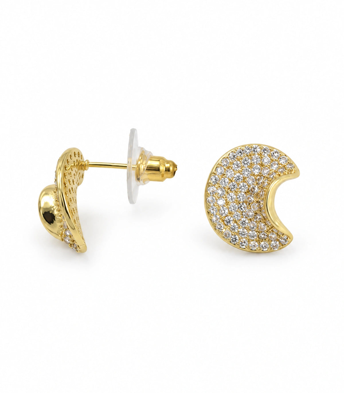 JIMIKI Pave Crescent Moon Stud Earring Pair in Gold-tone, white background product view #color_gold-tone