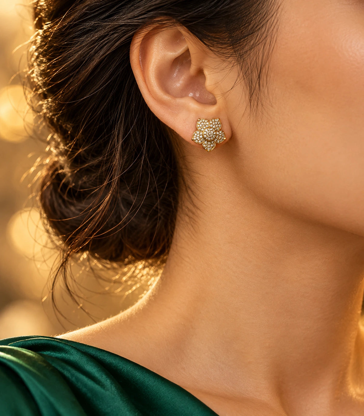 JIMIKI Gold Tone Pave Flower Stud Earrings - editorial-model #color_gold-tone