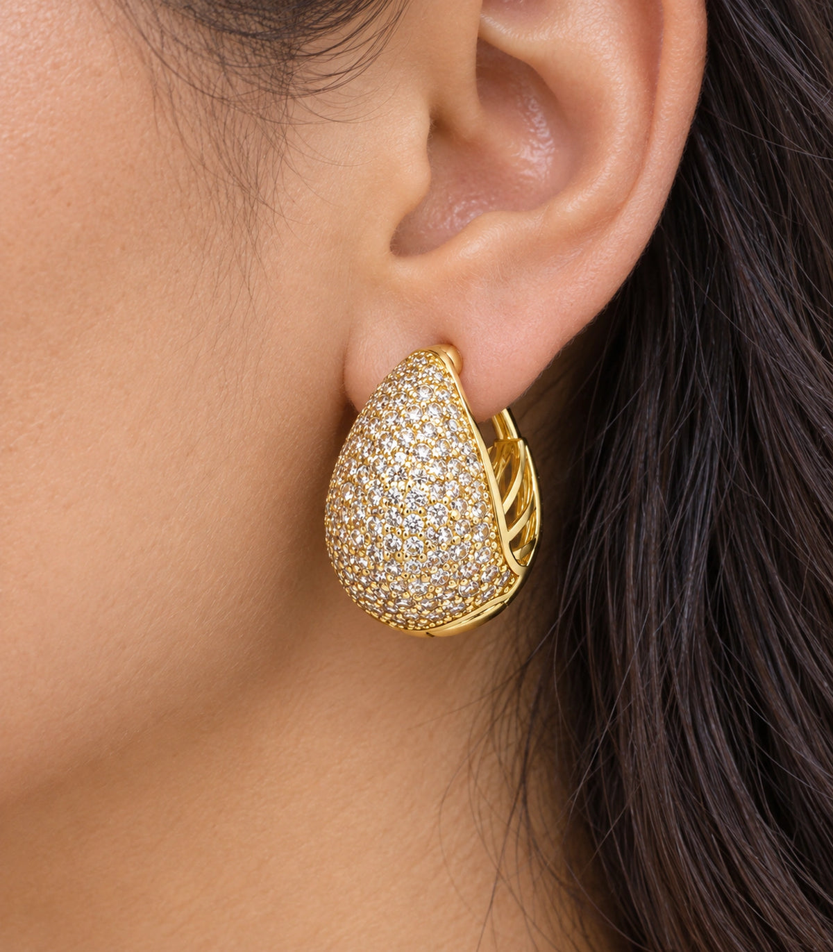 JIMIKI Gold-Tone Pave Teardrop Lattice Hoop Earrings in Gold tone/Clear, close-up detail