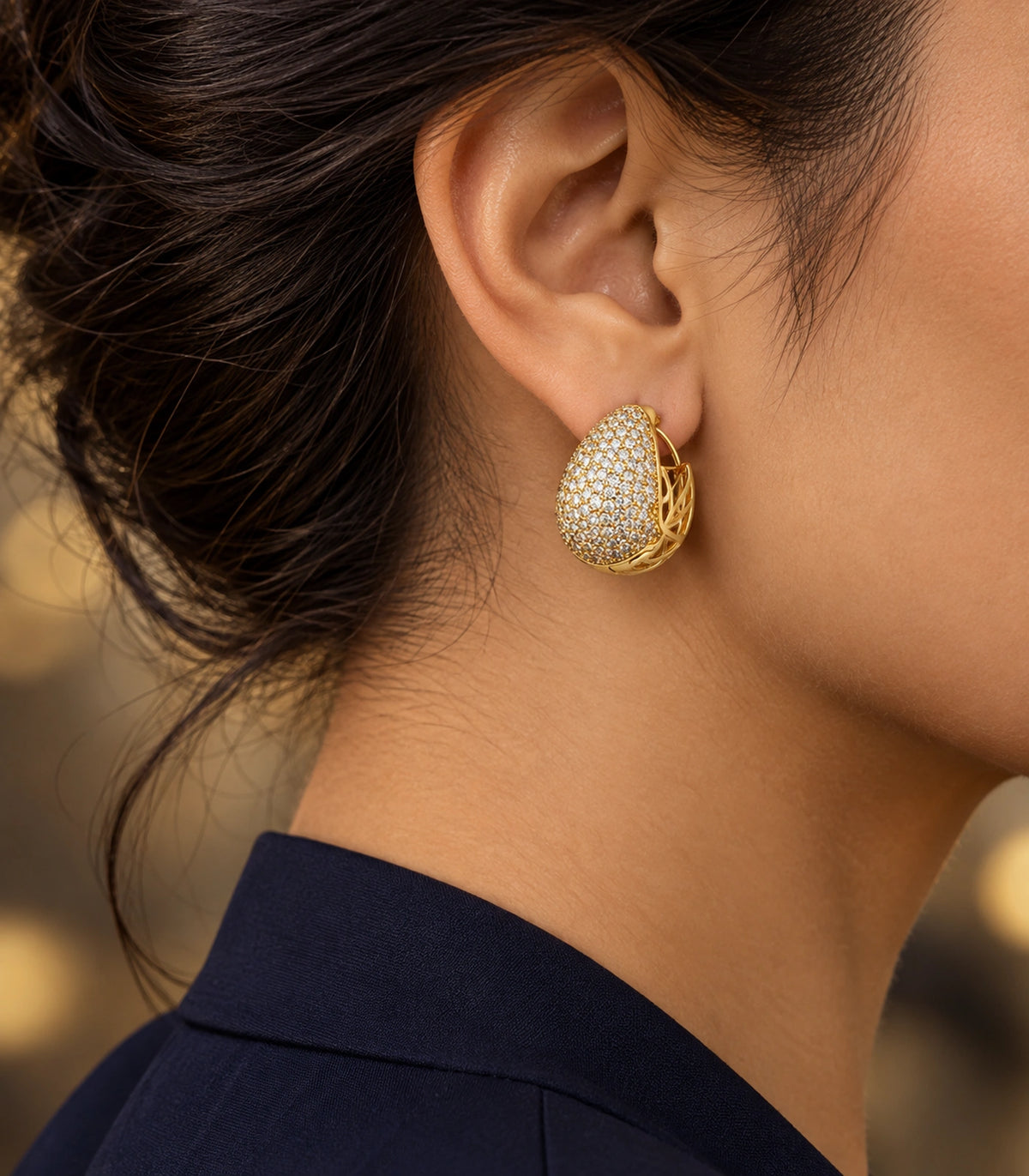 JIMIKI Gold-Tone Pave Teardrop Lattice Hoop Earrings in Gold tone/Clear, editorial model view