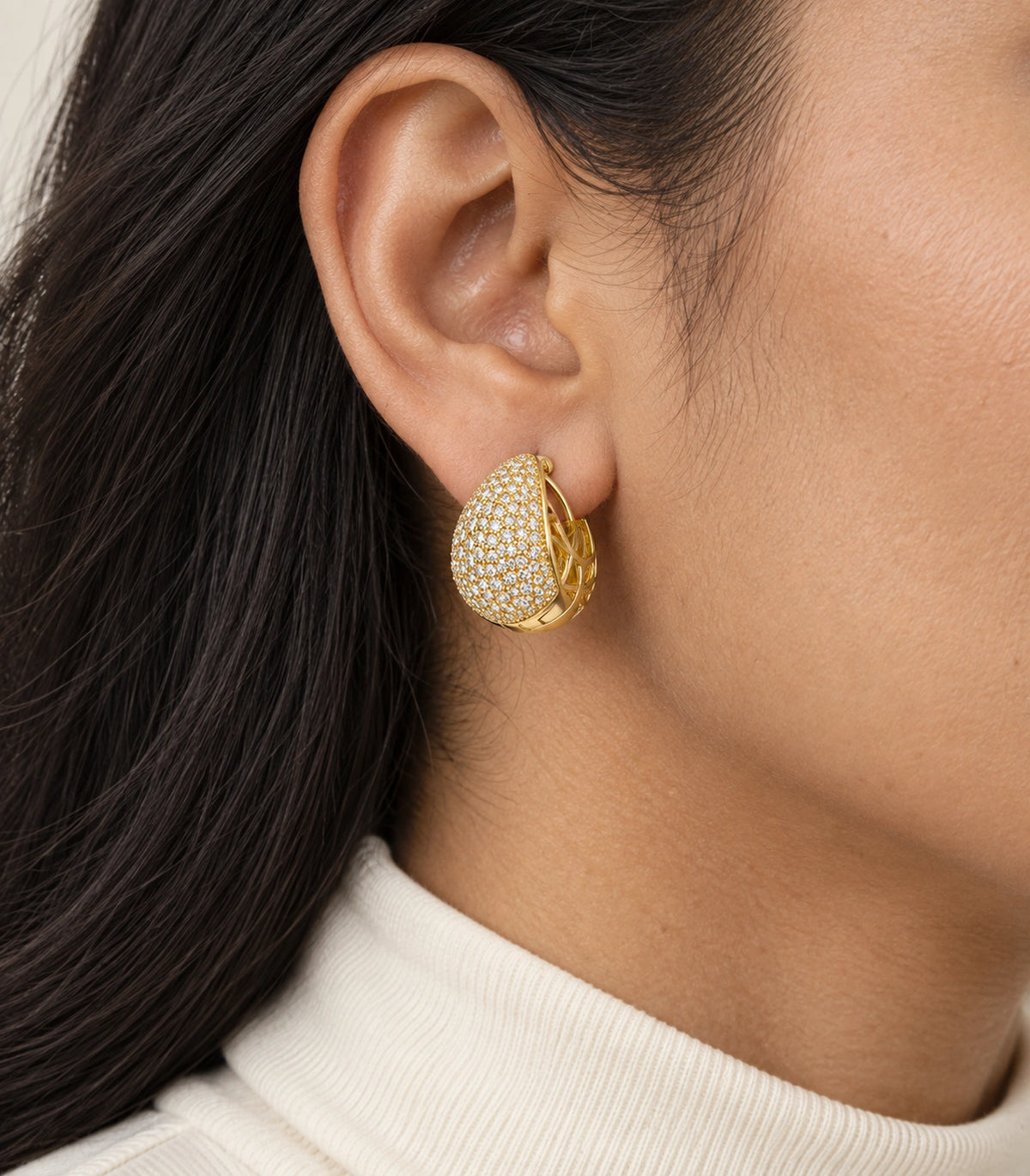 JIMIKI Gold-Tone Pave Teardrop Lattice Hoop Earrings in Gold tone/Clear, model wearing view