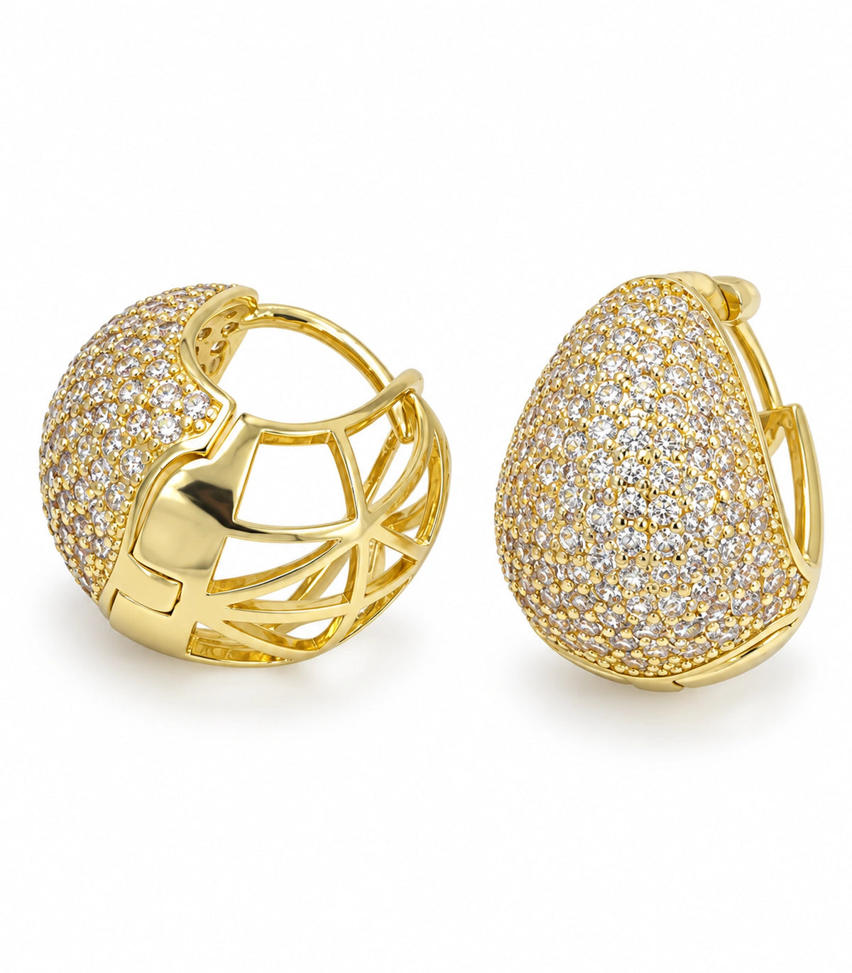 JIMIKI Gold-Tone Pave Teardrop Lattice Hoop Earrings in Gold tone/Clear, white background product view