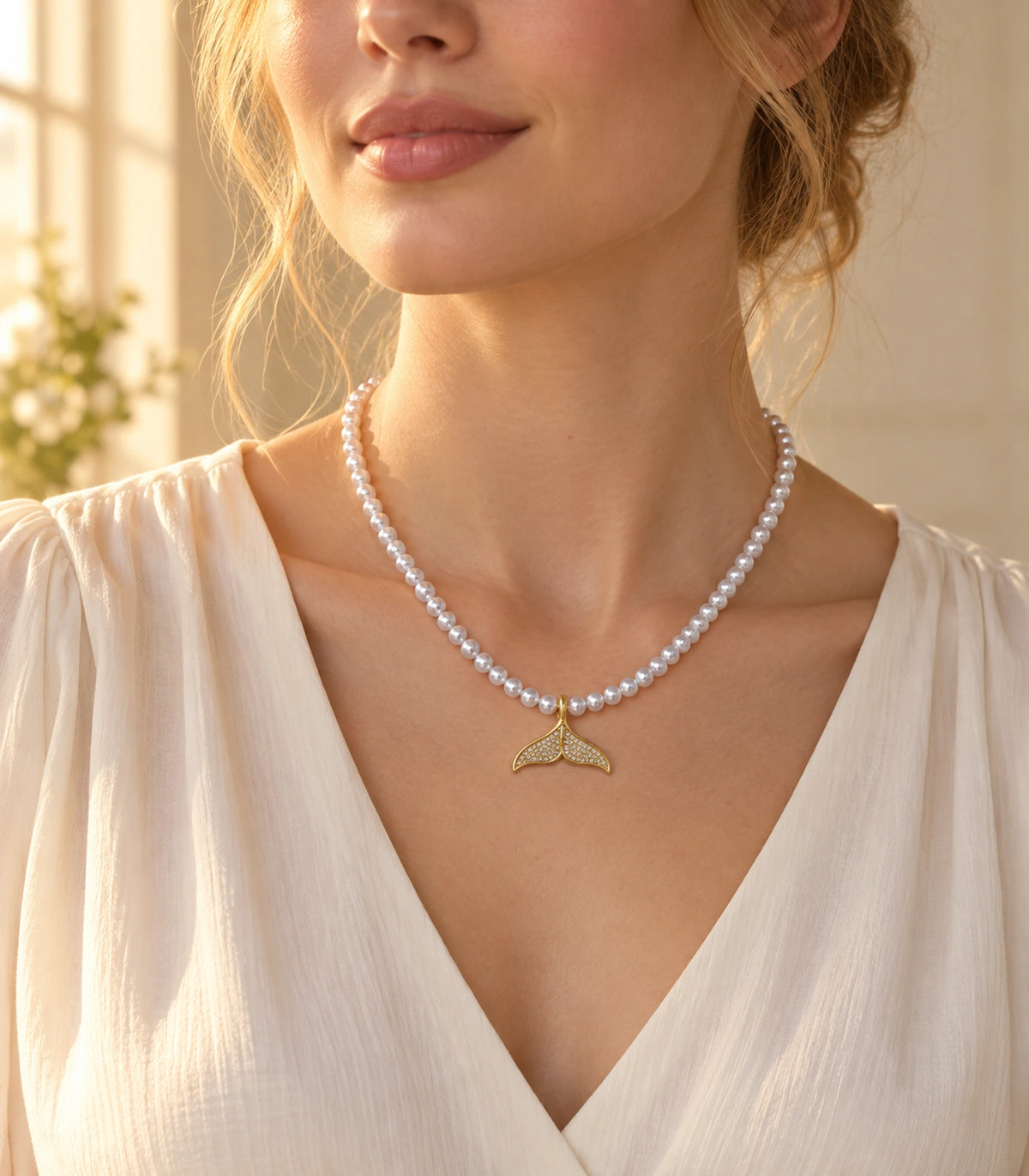 JIMIKI Pavé Whale Tail Pearl Necklace in Gold-tone, styled on a model in an editorial setting #color_gold-tone