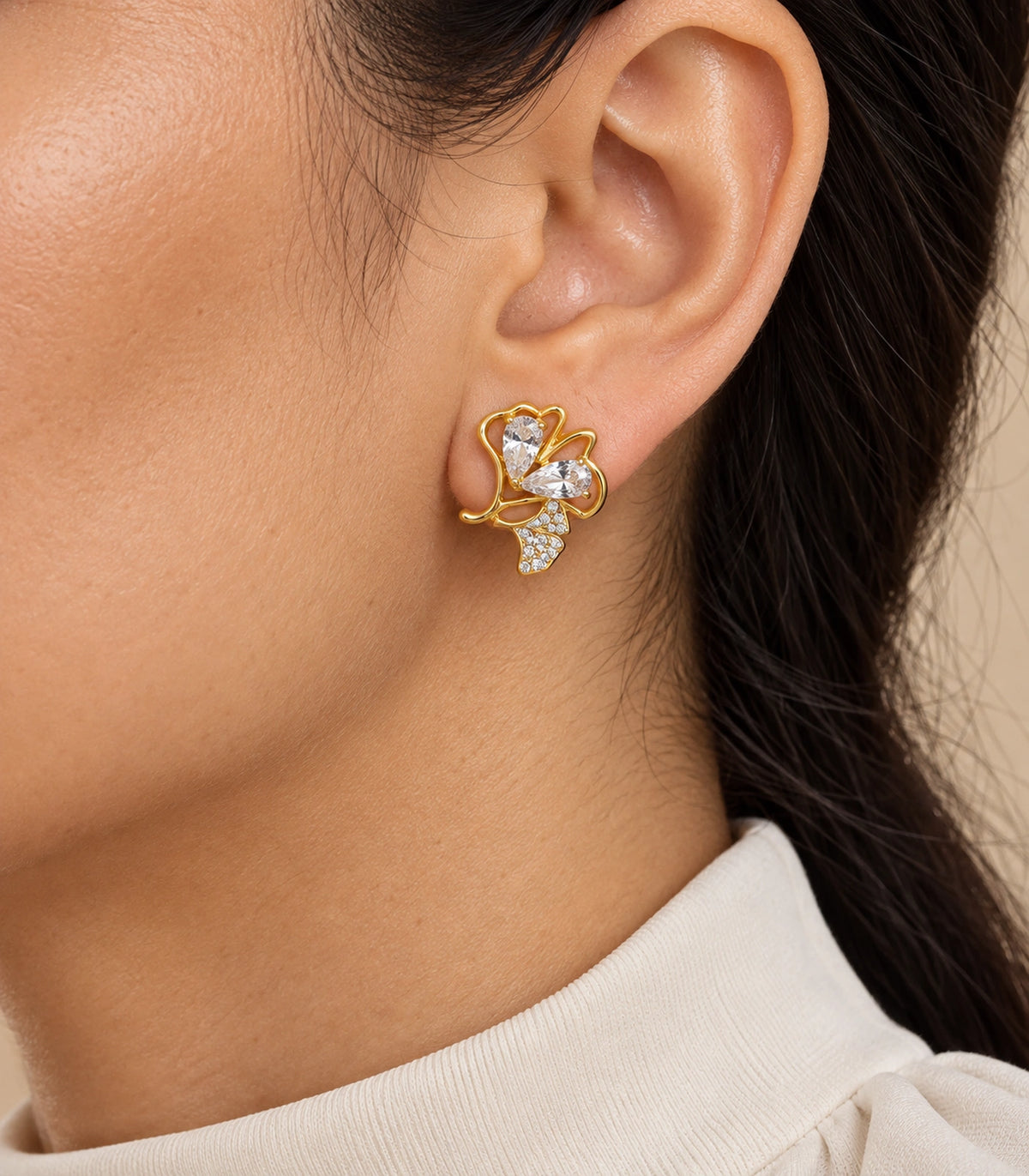 JIMIKI Pear Crystal Open Leaf Stud Earring Pair in Gold Tone, close-up detail #color_gold tone