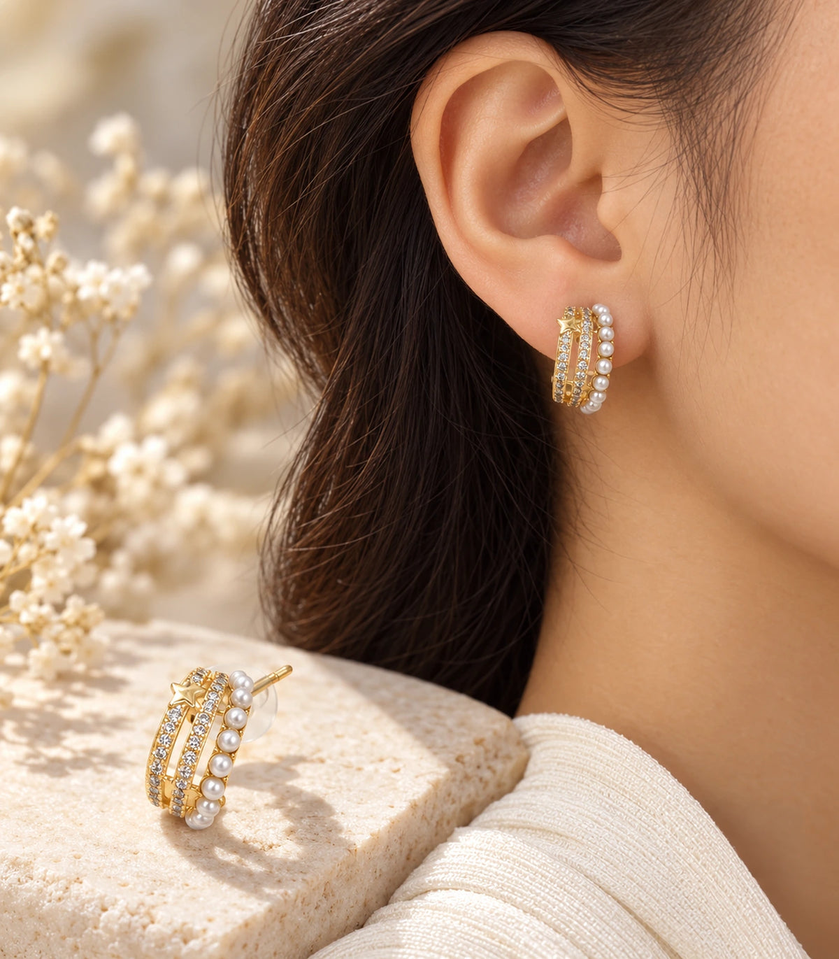 JIMIKI Gold Tone Pearl and Crystal Rail Hoop Earrings in Gold Tone - editorial worn view #color_gold-tone