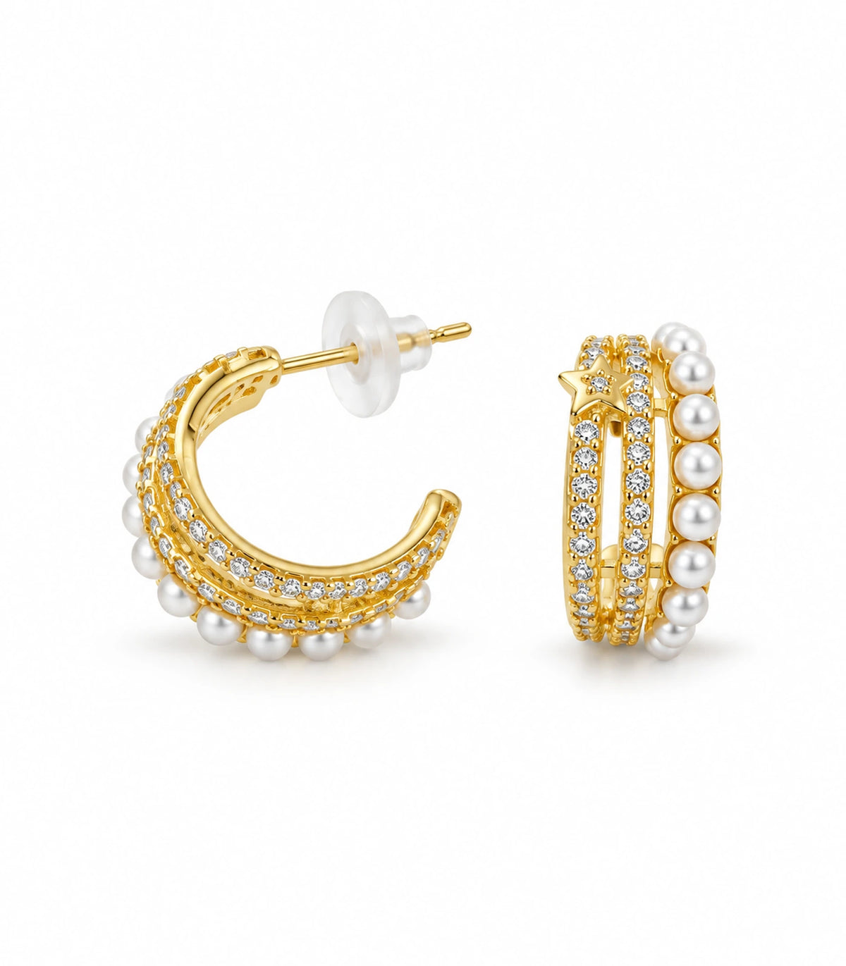 JIMIKI Gold Tone Pearl and Crystal Rail Hoop Earrings in Gold Tone - product on white #color_gold-tone
