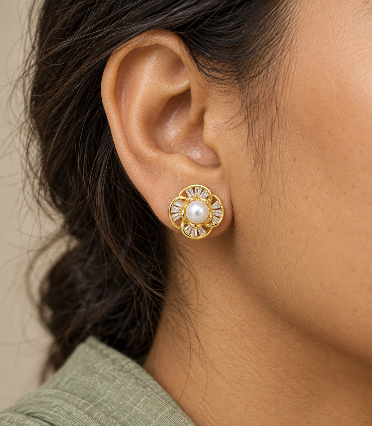 JIMIKI Pearl Centre Crystal Flower Stud Earring Pair in Gold Tone, close-up detail #color_gold tone