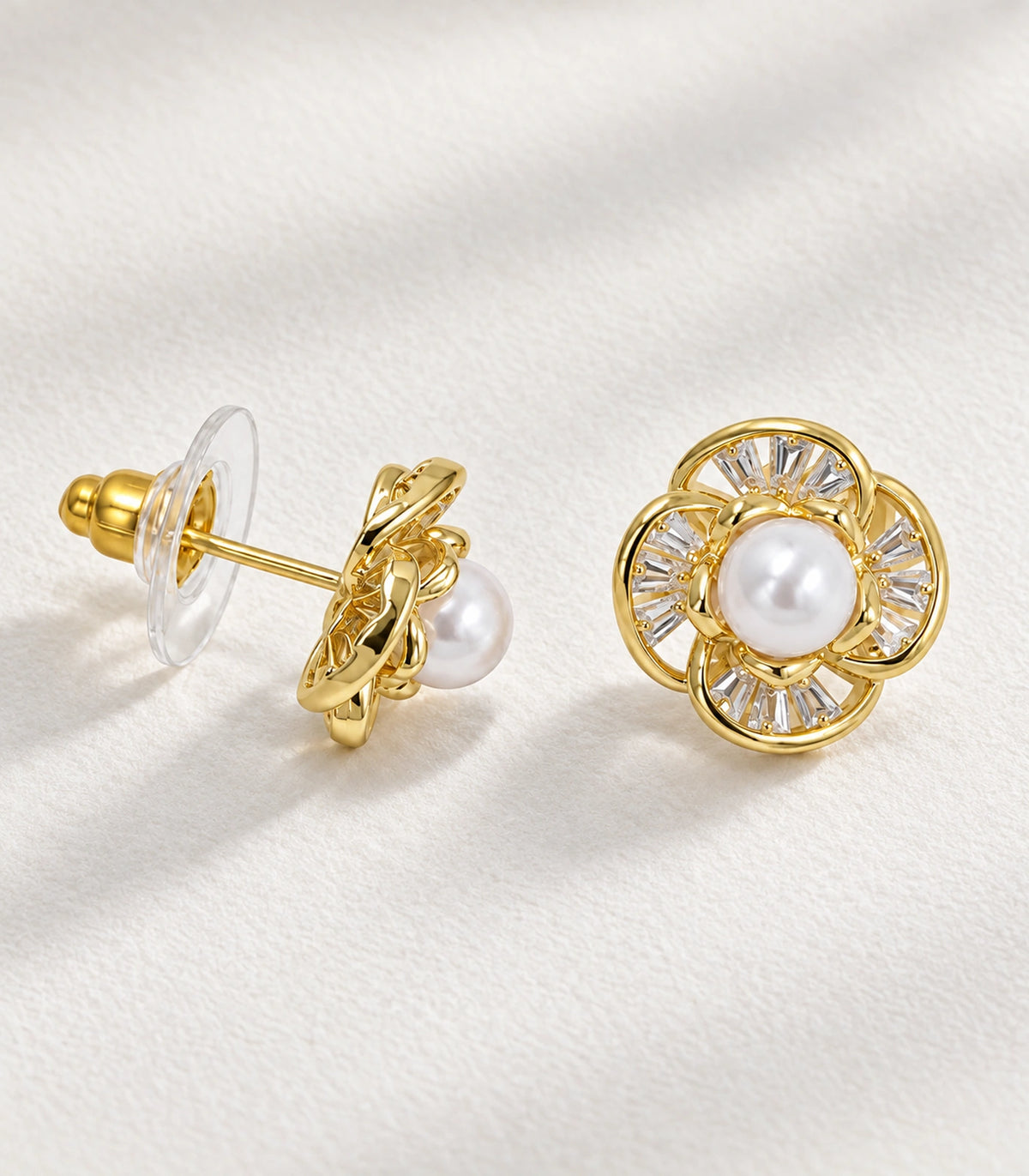 JIMIKI Pearl Centre Crystal Flower Stud Earring Pair in Gold Tone, editorial flat lay #color_gold tone