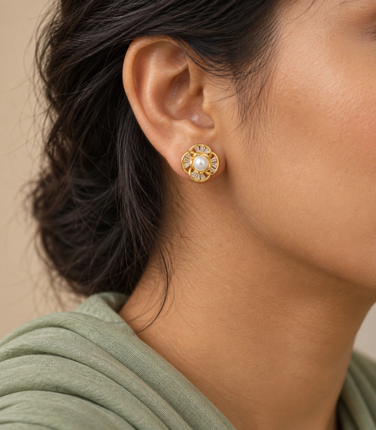 JIMIKI Pearl Centre Crystal Flower Stud Earring Pair in Gold Tone, model wearing view #color_gold tone