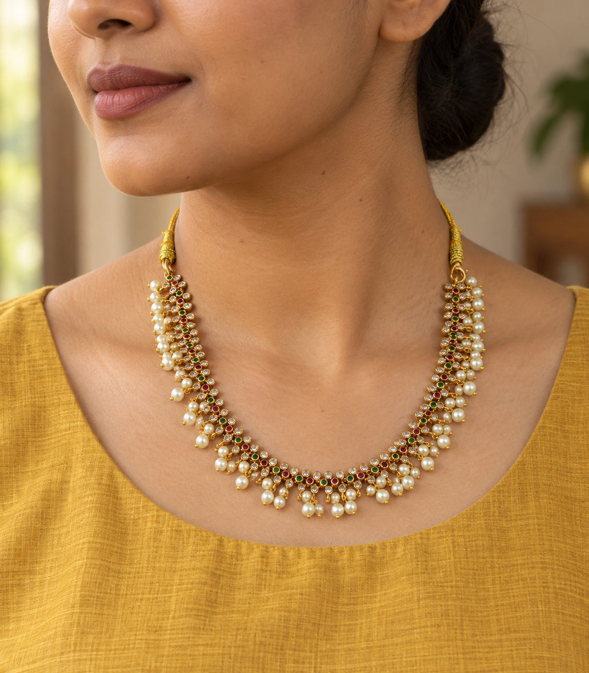 Gold-tone pearl lattice collar necklace worn with a mustard outfit