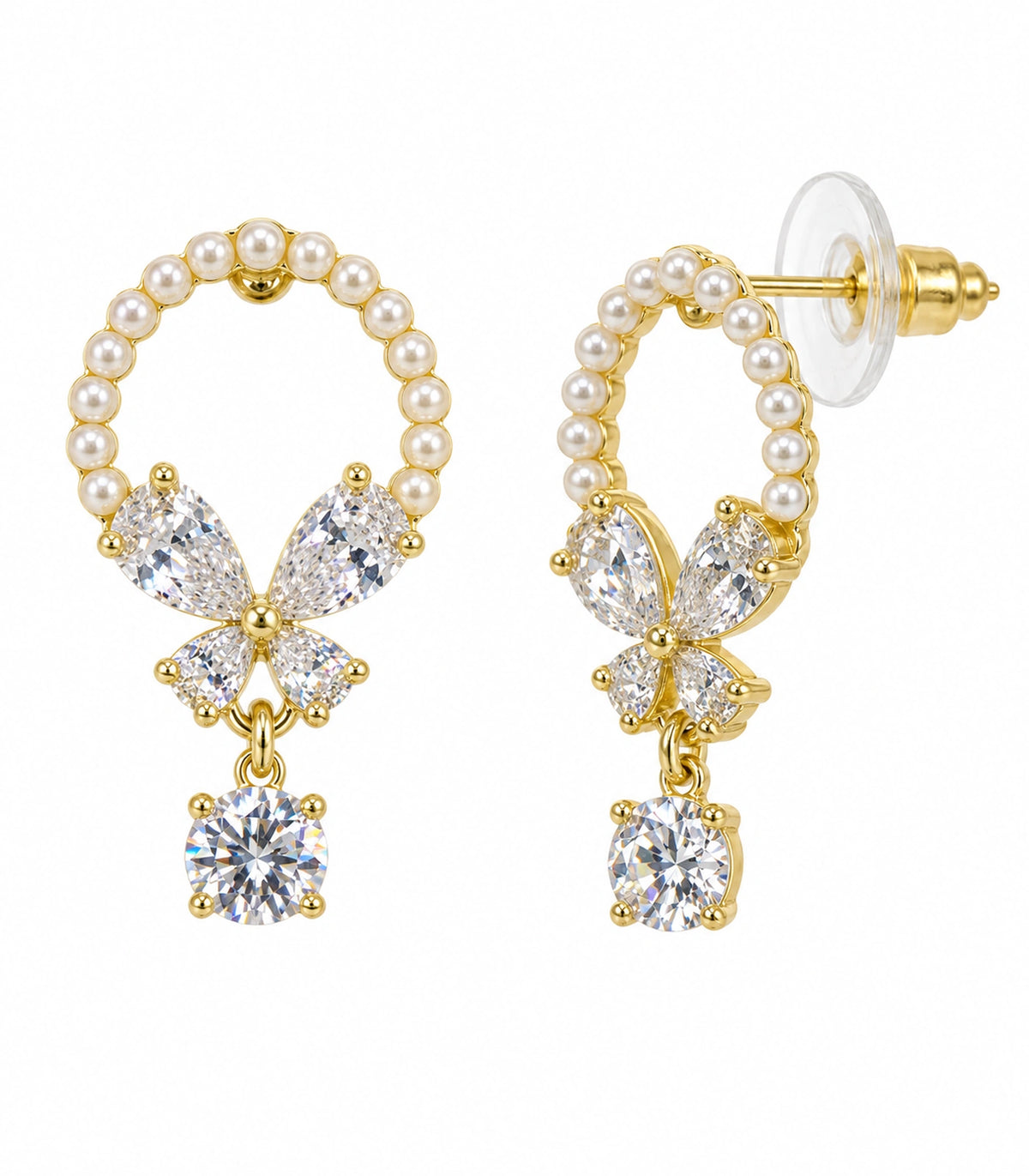 JIMIKI Gold Tone Pearl Loop Crystal Butterfly Drop Earring Pair in Gold-tone, white background product view
