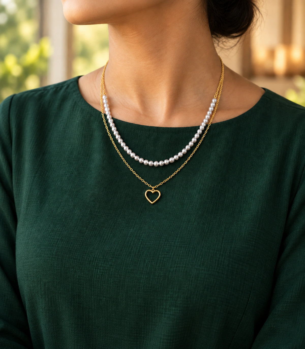 JIMIKI Gold-Tone Pearl Open-Heart Layered Necklace in Gold Tone - editorial worn view #color_gold-tone