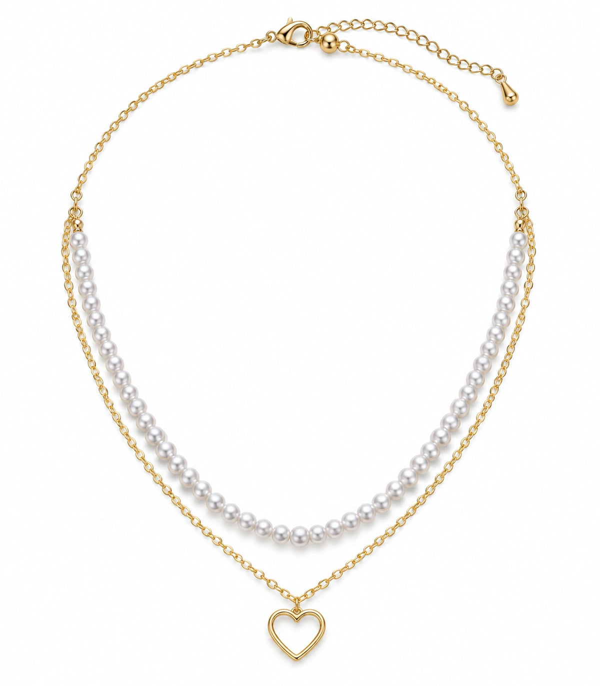 JIMIKI Gold-Tone Pearl Open-Heart Layered Necklace in Gold Tone - necklace on white #color_gold-tone