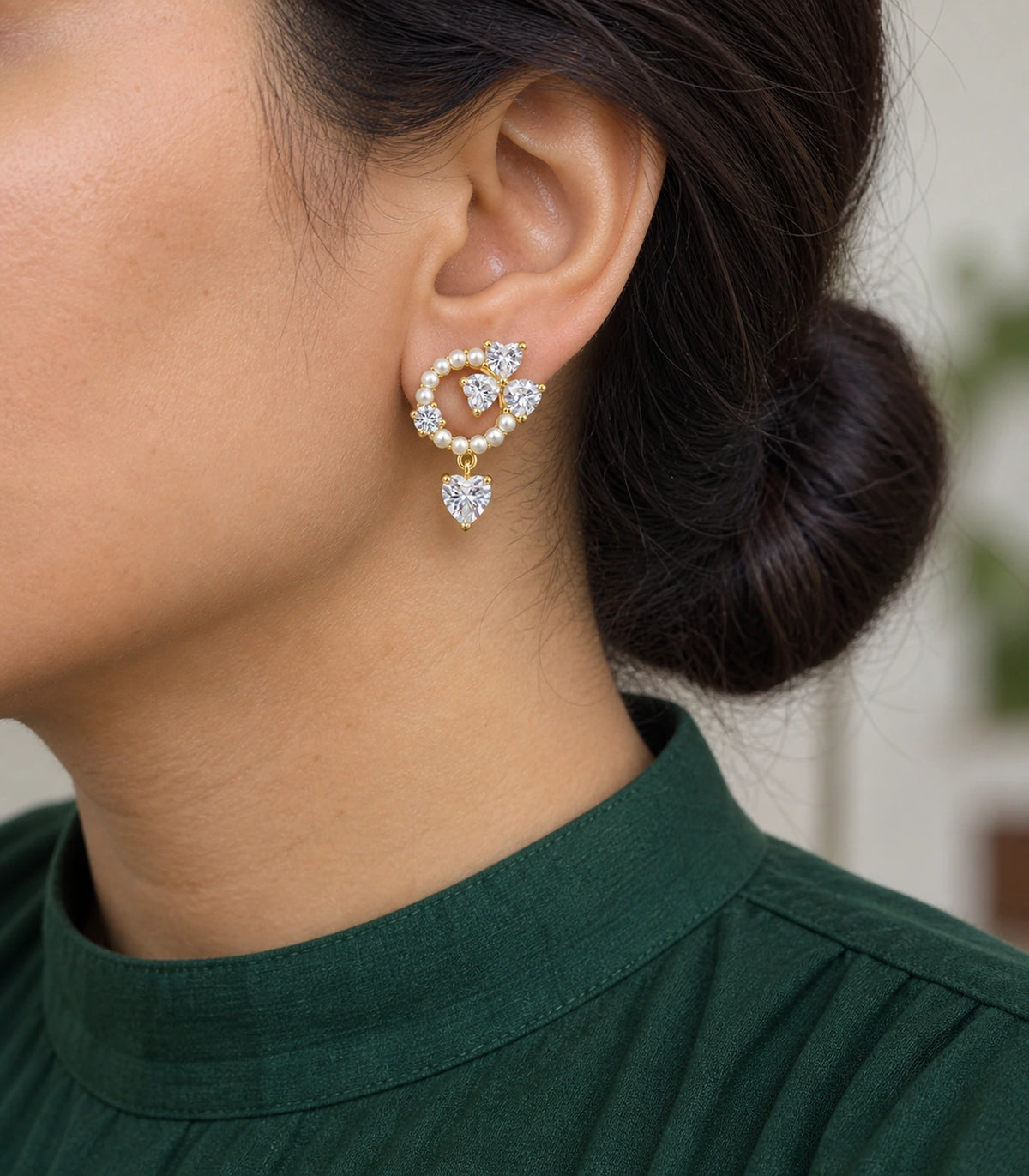 JIMIKI Pearl Ring Crystal Heart Drop Earring Pair in Gold tone / white, model wearing view #color_gold tone / white