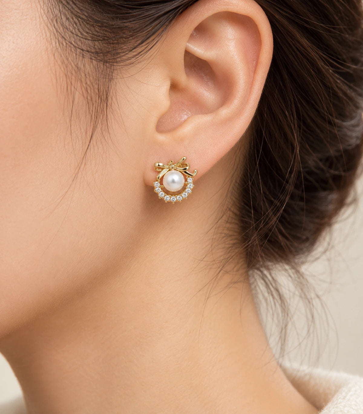 JIMIKI Gold Tone Pearl Wreath Bow Stud Earrings - model #color_gold-tone