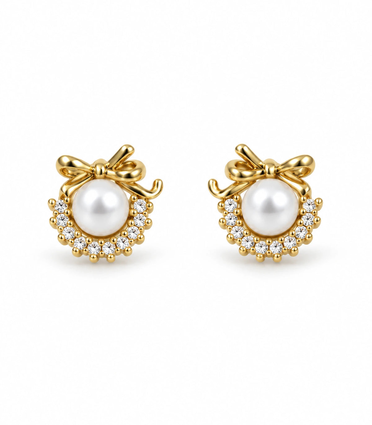 JIMIKI Gold Tone Pearl Wreath Bow Stud Earrings - white-background #color_gold-tone